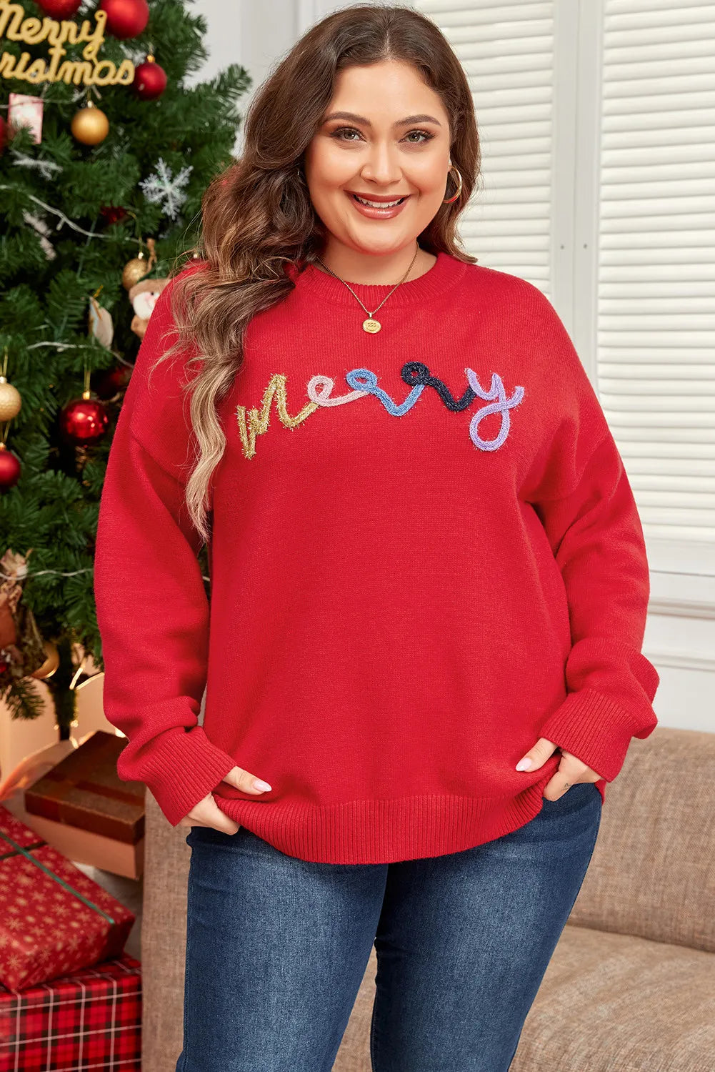 Plus Size Women's MERRY Round Neck Long Sleeve Sweater - Cozy Winter Knit Pullover for Casual Wear & Holiday Outfits