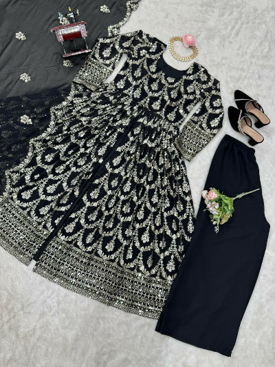 Elegant Black Front Slit Suit Set with Intricate Thread & Sequin Embroidery - Perfect for Evening Parties, Weddings & Special Occasions