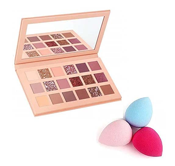 JEKANAZO 18-Color Nude Eyeshadow Palette (18g) with 4-Piece Makeup Sponge Beauty Blender Set - Perfect for Everyday Makeup, Contouring & Flawless Foundation Application