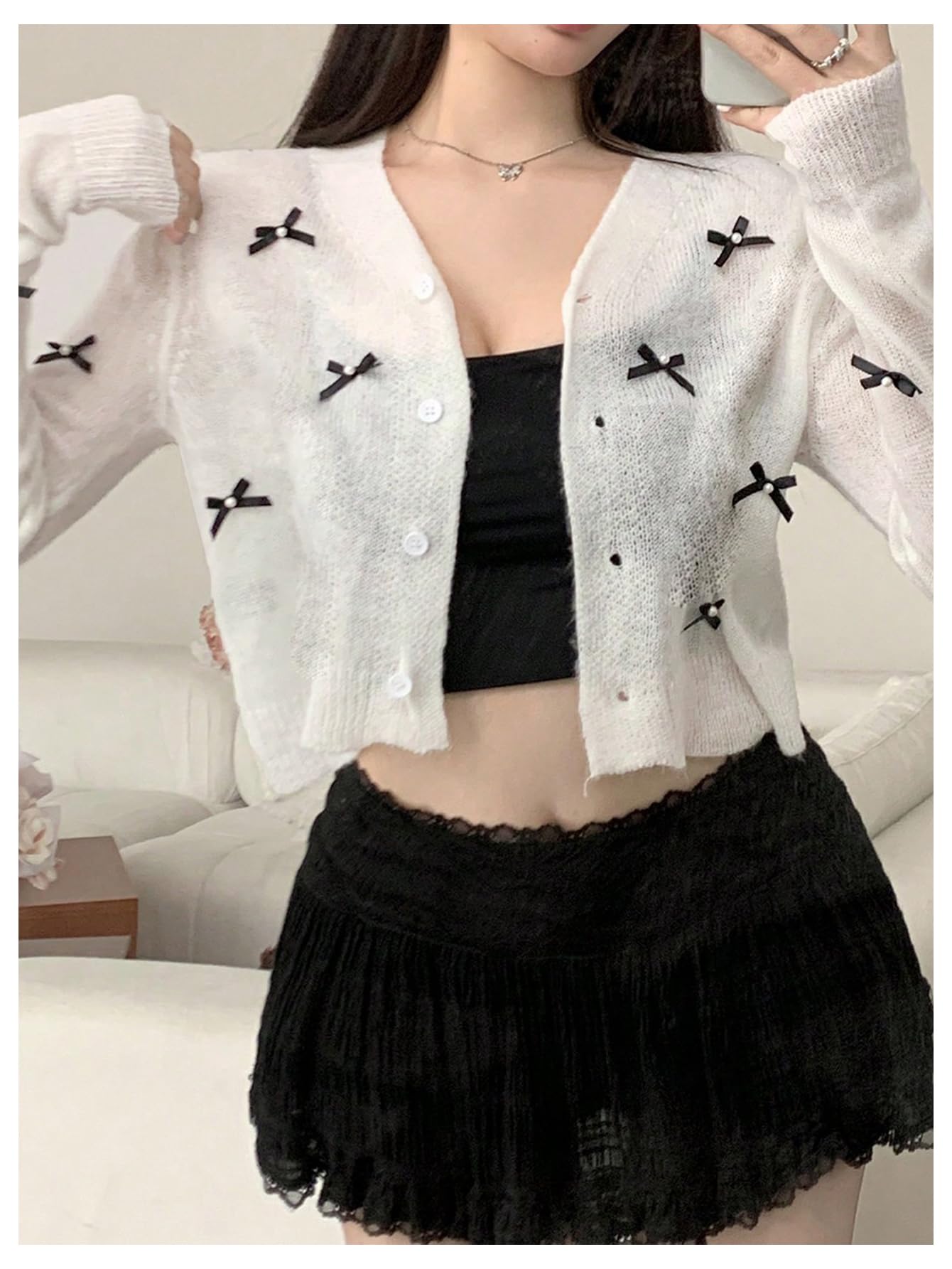 GORGLITTER Women's Cropped Knit Cardigan with Bow Buttons - Long Sleeve Button Down Sweater for Casual Outfits & Office Wear