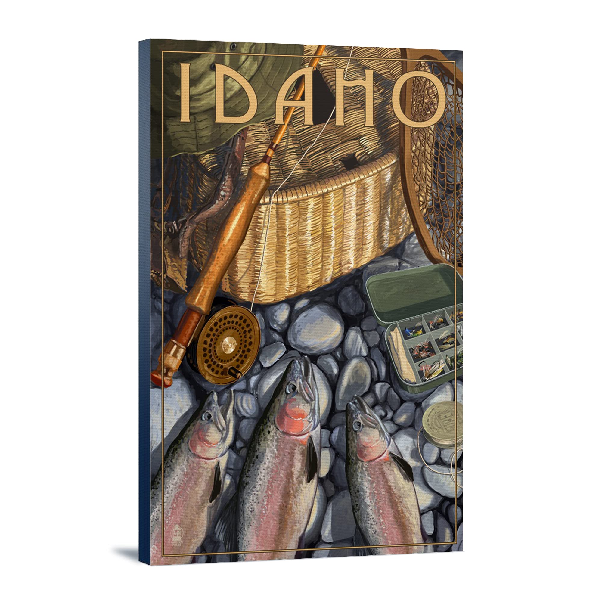 Lantern Press Idaho Fishing Still Life Canvas Art - 16x24 Inch Wrapped Wall Decor for Living Room, Bedroom & Office - Nature Inspired Home Decor