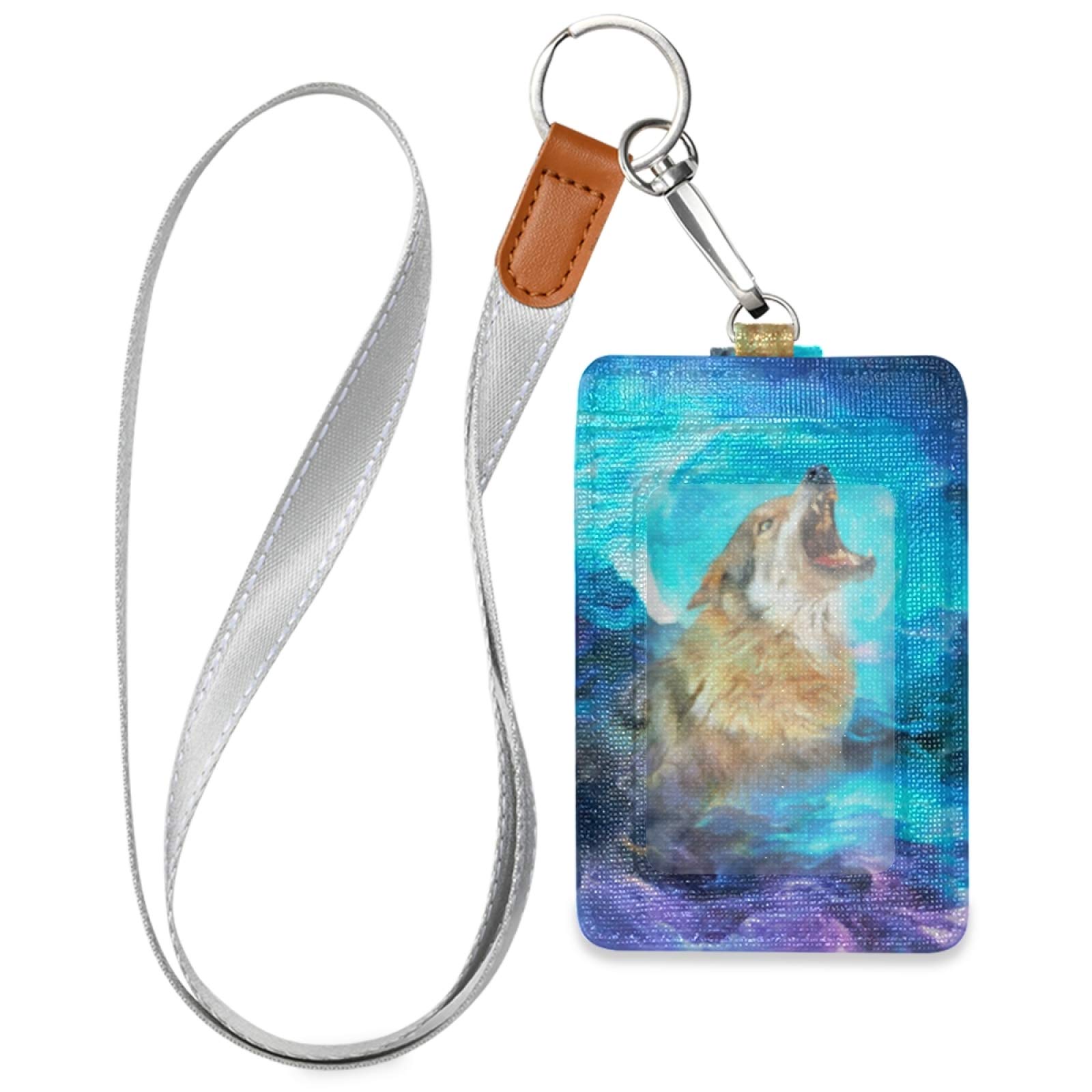 Wolf ID Badge Holder - Vertical Leather with Lanyard for Office & School Staff