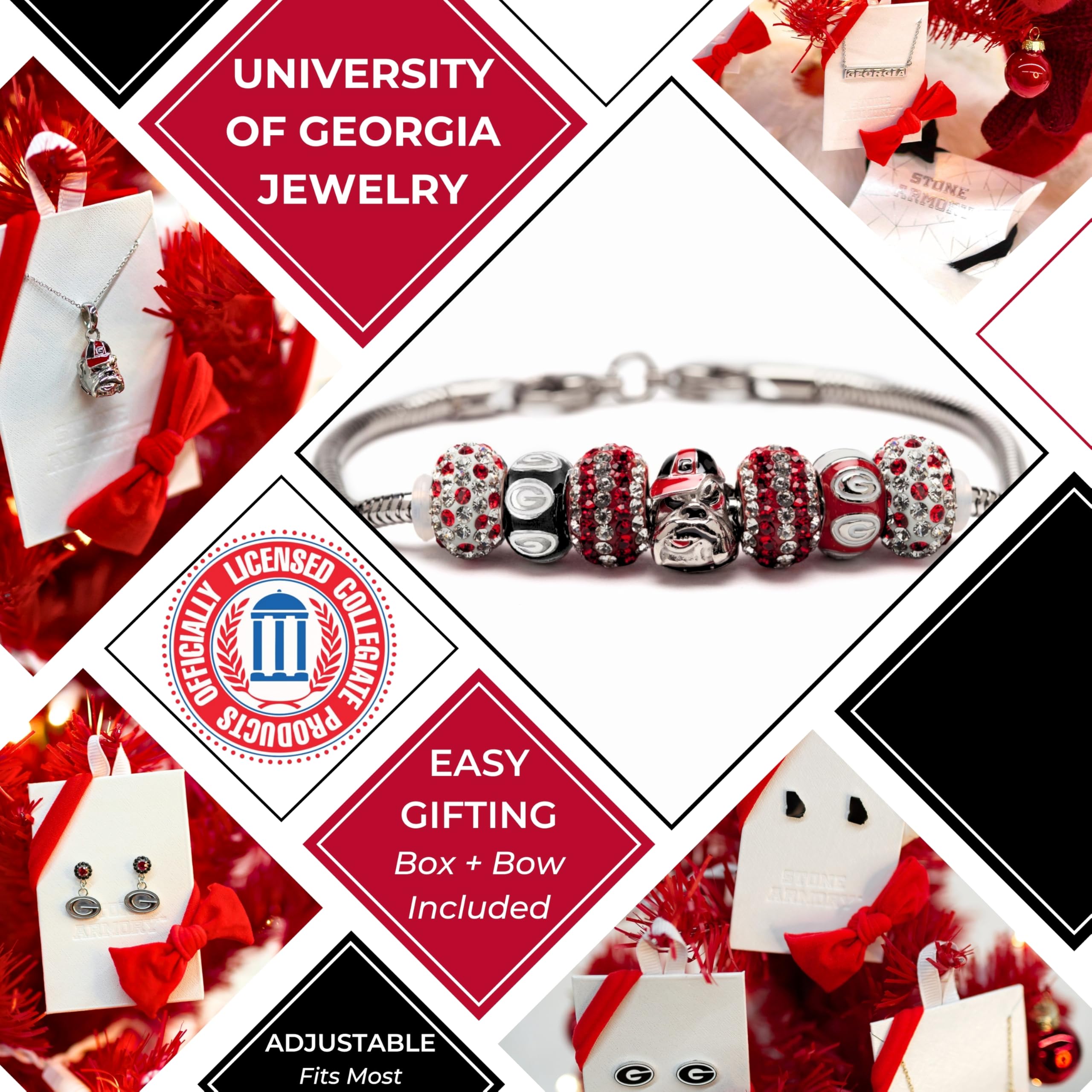 University of Georgia UGA Bulldogs Charm Bracelet - Stainless Steel Jewelry with Bulldog & Crystal Charms | Officially Licensed College Sports Accessory | Perfect for Game Day, Graduation Gifts & UGA Fans