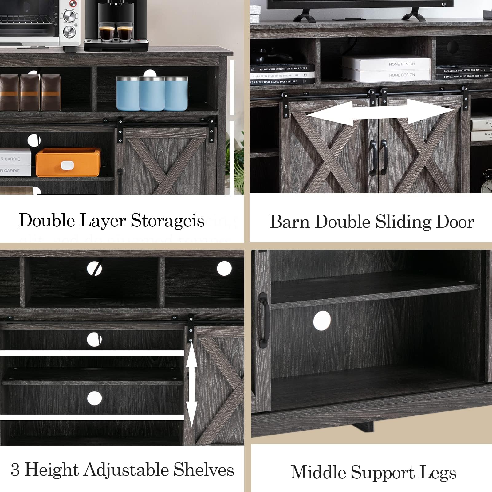 Vinctik 57-Inch Farmhouse TV Stand with Sliding Barn Doors - Wooden Entertainment Center for 60-65 Inch TVs, Double Layer Storage Cabinet with Built-in Power Outlets (Grey Wash) - Perfect for Living Room, Bedroom & Home Theater Setup