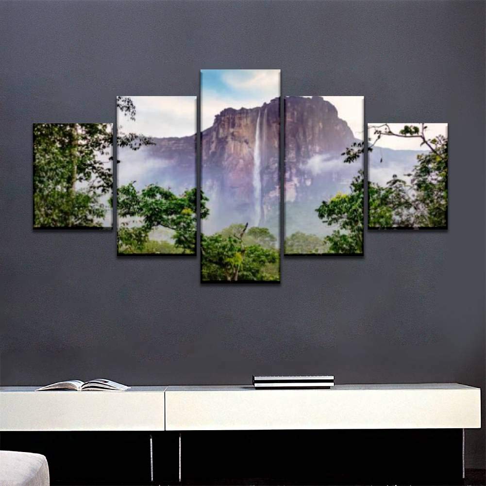 5-Panel Canvas Wall Art of Angel Falls in Canaima National Park, Venezuela - Large Size Cloud Forest Landscape Painting for Home & Office Decor - Perfect Gift Ready to Hang (Nature Scenery, Living Room, Bedroom, Workspace)