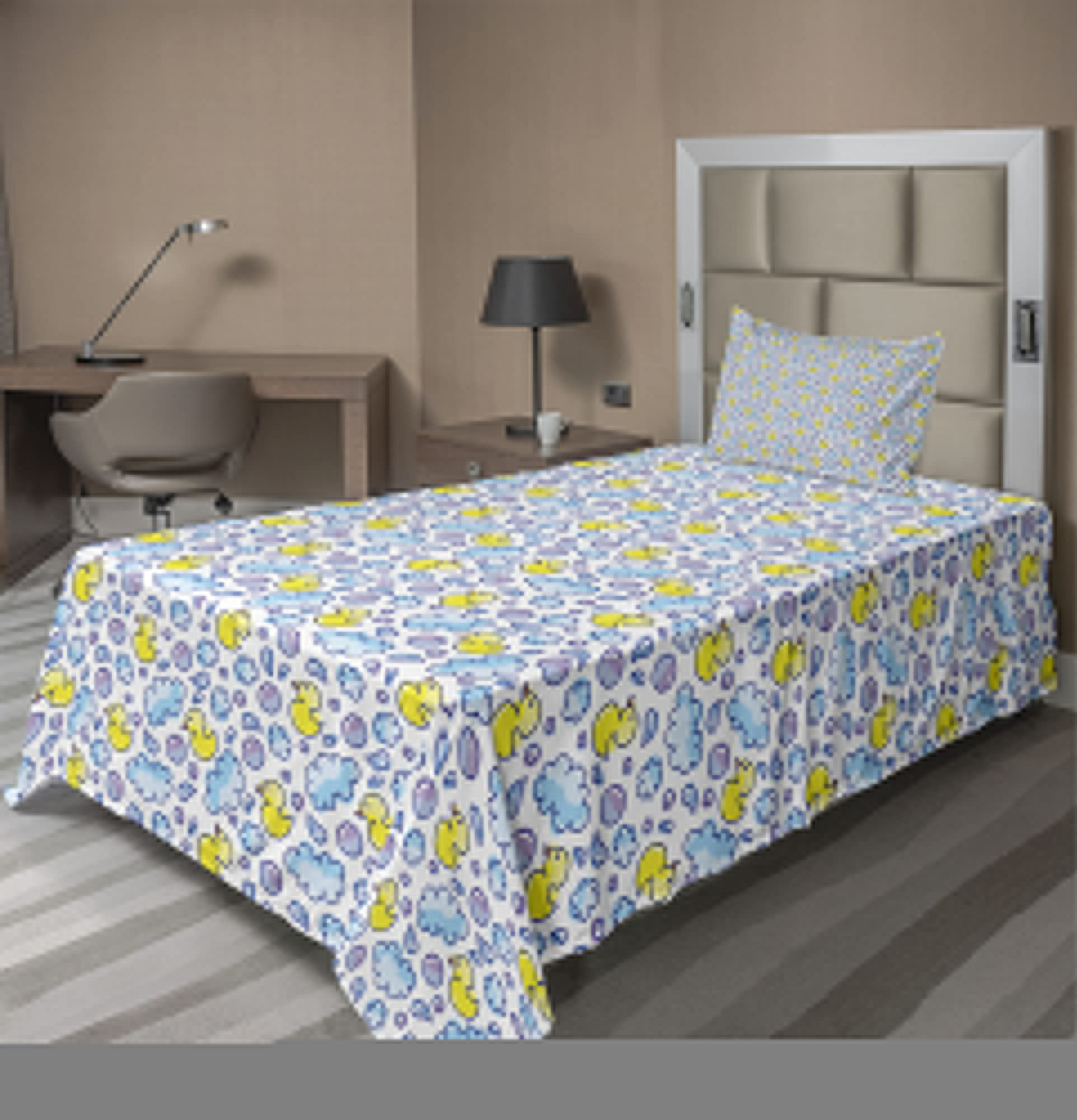 Ambesonne Cartoon Bed Sheet Set - Washing Time Themed with Soap Bubbles, Water Droplets & Duck Pattern - 3 Piece Twin Size Bedding Set (Fitted Sheet, Flat Sheet & Pillowcase) in Yellow, Lilac & Blue - Perfect for Kids' Rooms, Dorm Decor & Themed Bedrooms