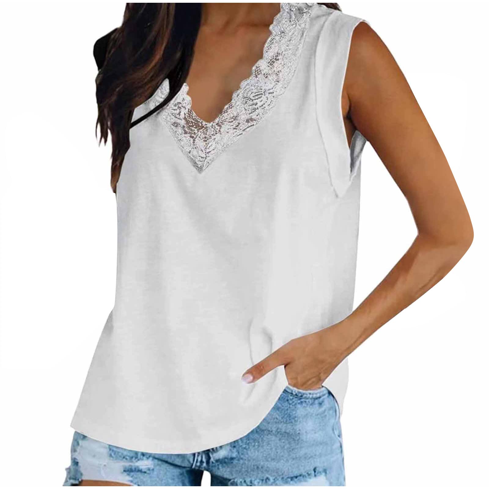 Women's Summer Lace V-Neck Sleeveless Tank Top - Casual Solid Blouse Tunic for Beach, Vacation & Everyday Wear