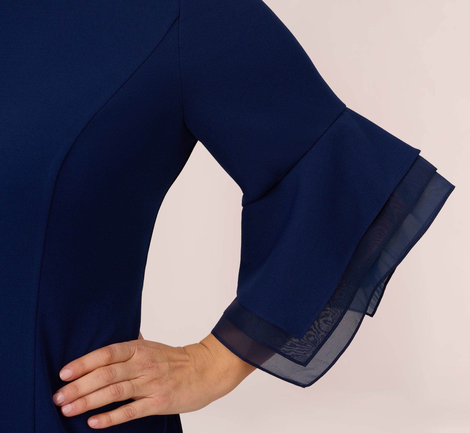 Plus Size Knit Crepe Sheath Dress with Tiered 3/4 Sleeves in Navy Sateen - Elegant Office Wear & Special Occasion Outfit