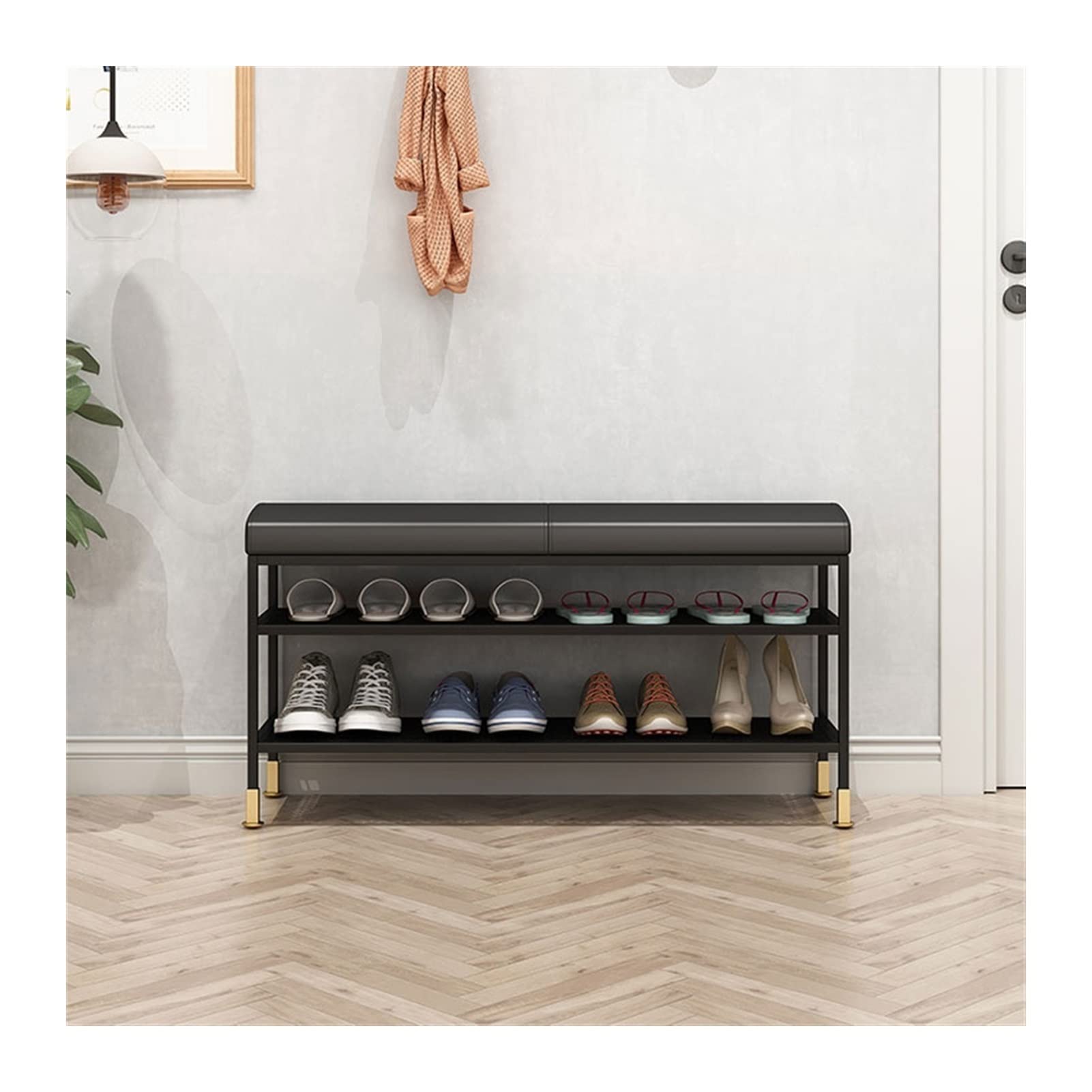3-Tier Metal Shoe Storage Bench with Leather Seat - 60cm Entryway Shoe Rack Organizer for Foyer, Bedroom & Living Room - Space-Saving Accent Furniture (Black) | Perfect for Small Spaces & Home Organization