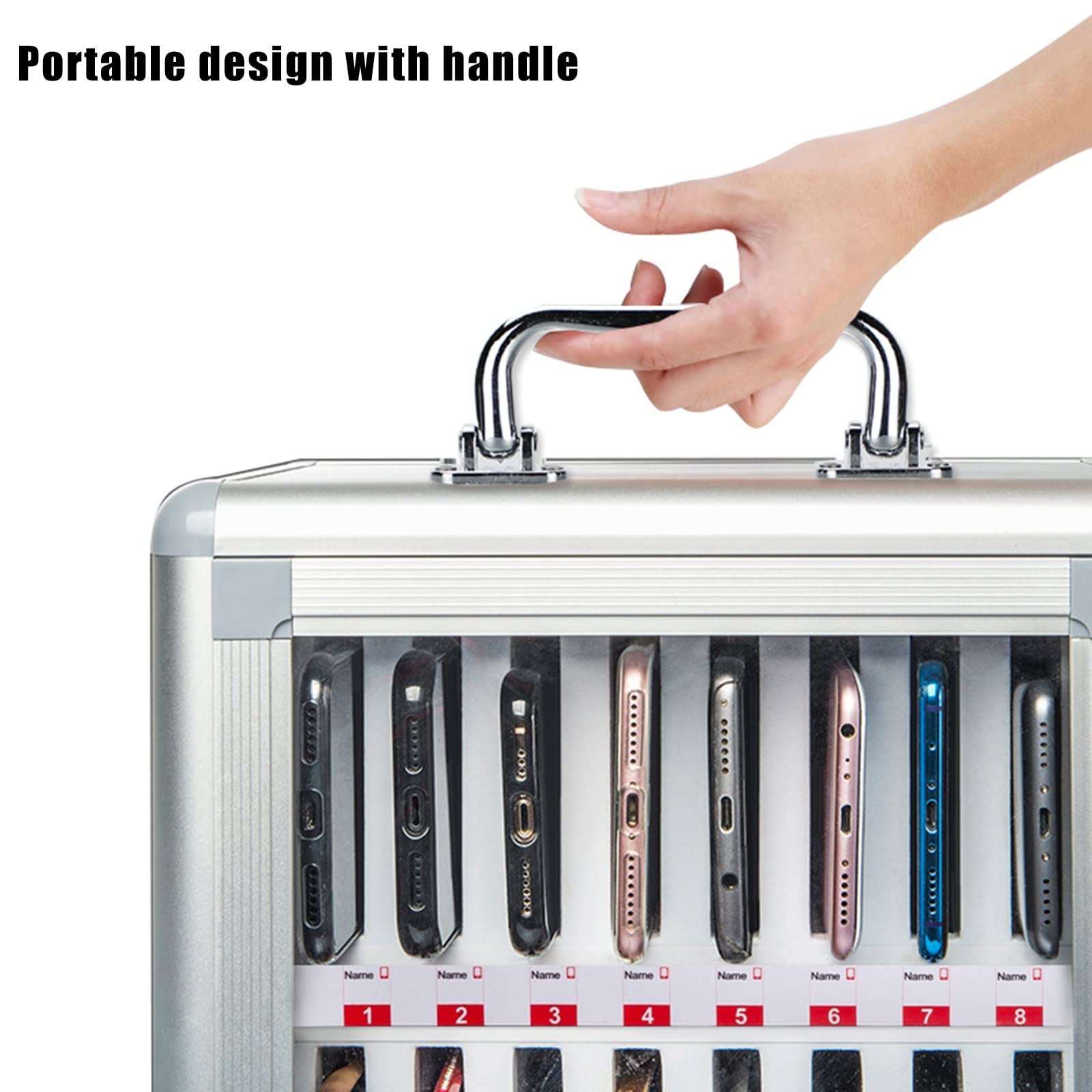 Aluminum Alloy Phone Storage Cabinet with Safety Lock & Handle - 36 Pocket Silver Organizer for Classroom, Office & Factory | Secure Device Storage Solution