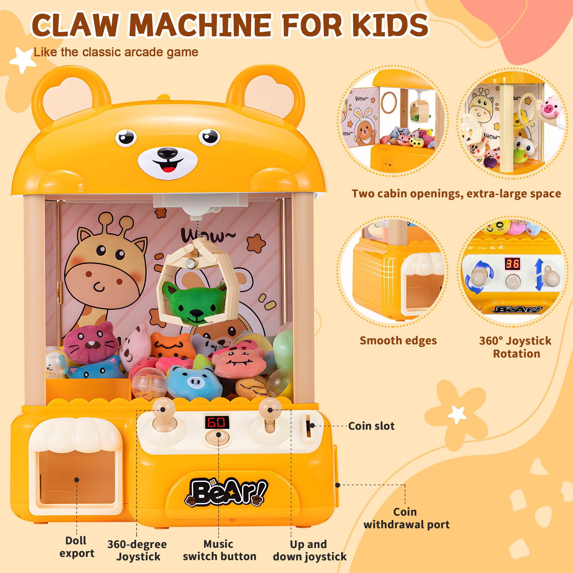 Mini Claw Machine for Kids - Electric Arcade Game Toy with LED Lights & Adjustable Sound | Fun Candy & Bear Vending Machine for Girls & Boys Ages 4+ | Perfect Birthday & Christmas Gift for Home Play & Party Games