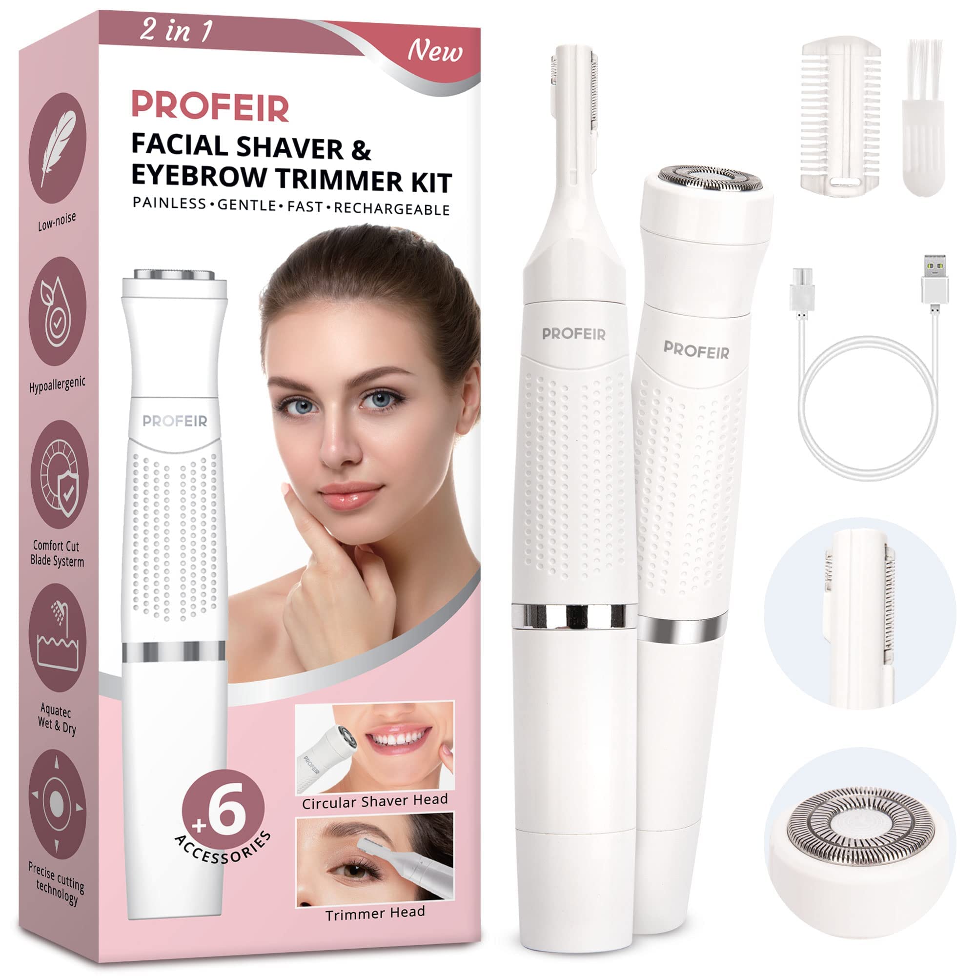 Painless Eyebrow Trimmer & Facial Hair Remover for Women - USB Rechargeable 2-in-1 Eyebrow Razor for Lips, Chin & Body | Perfect for Travel, Home & Salon Use