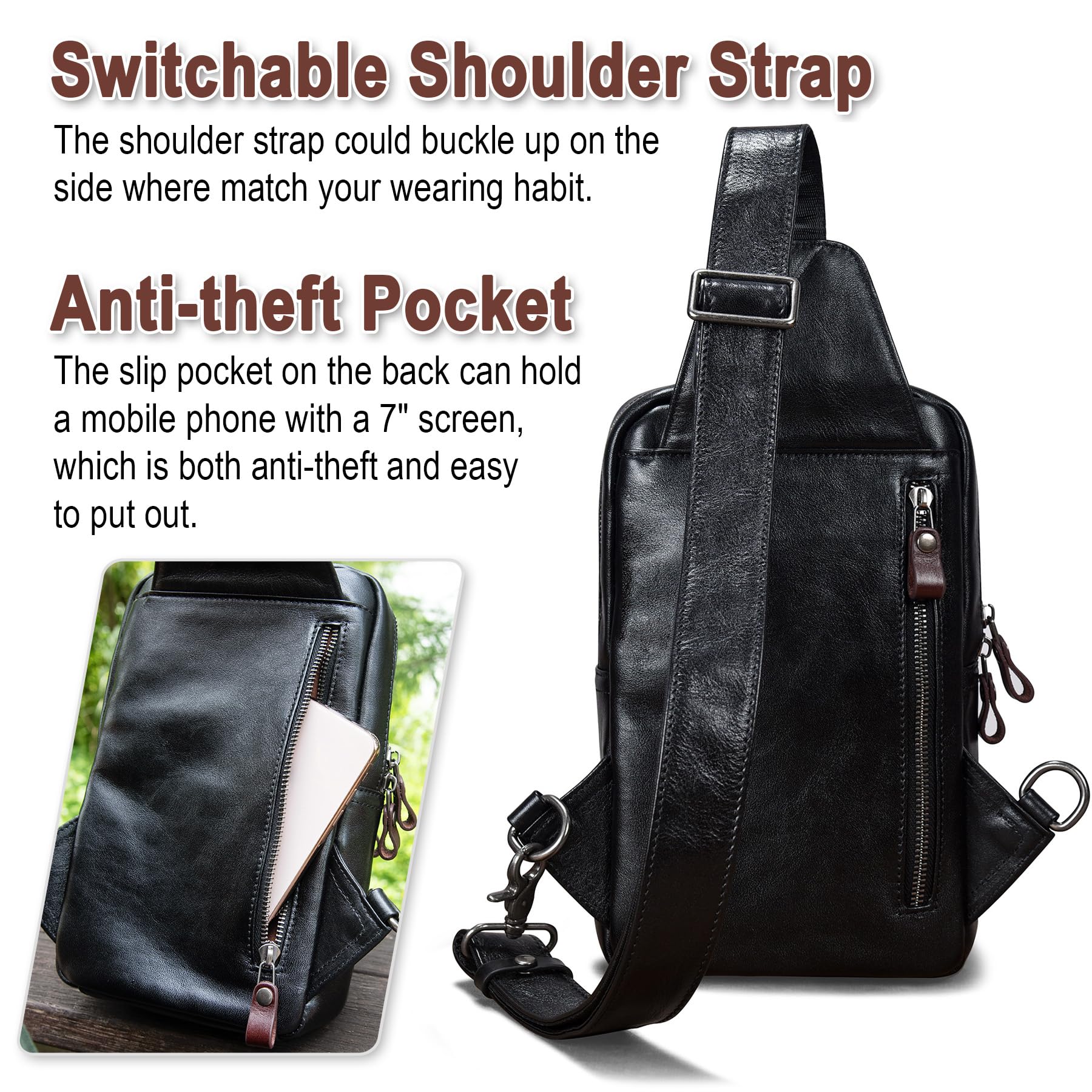 Genuine Leather Crossbody Sling Bag for Men & Women - Adjustable Shoulder Strap, Lightweight Chest Purse for Travel, Hiking & Daily Use