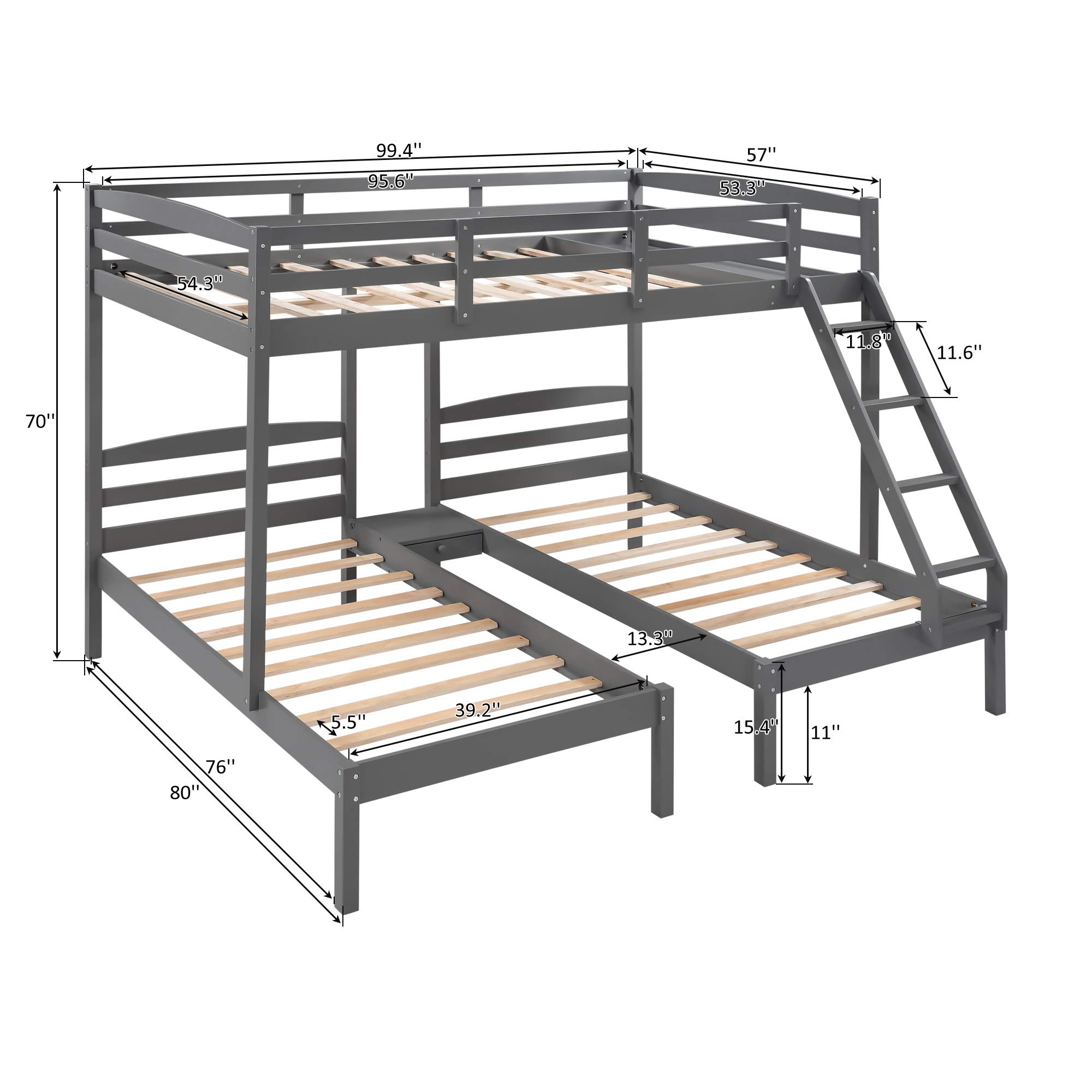 Space-Saving Full Over Twin & Twin Triple Bunk Bed Frame with Drawers & Guardrails - Sturdy Wood Construction for Kids, Teens & Adults - Perfect for Small Bedrooms, Dorms & Vacation Homes