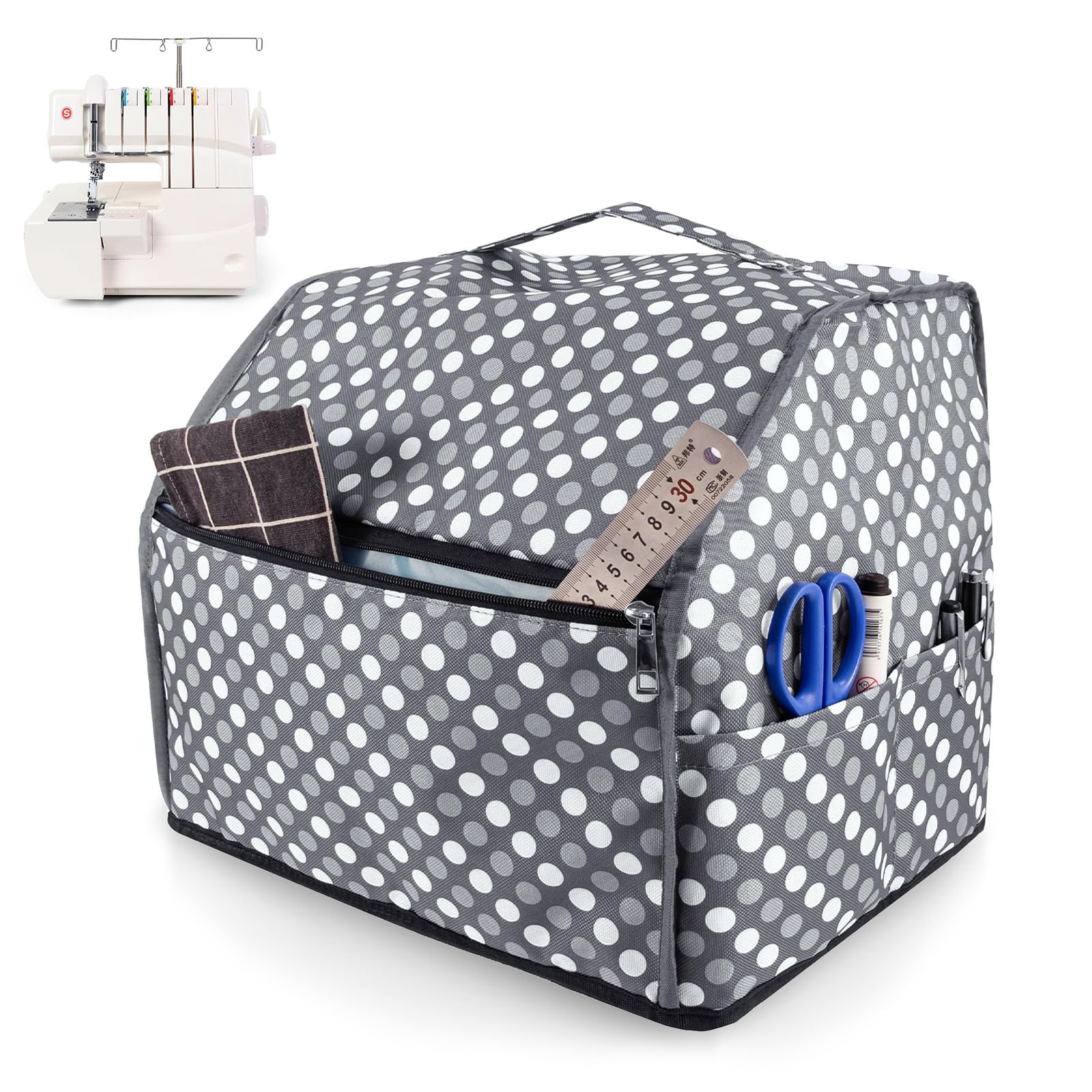 **Sewing Machine Cover with Storage Pockets - Dustproof Protector for Singer, Brother & Overlock Machines - Gray Dots Design - Perfect for Home, Studio & Craft Room Organization**