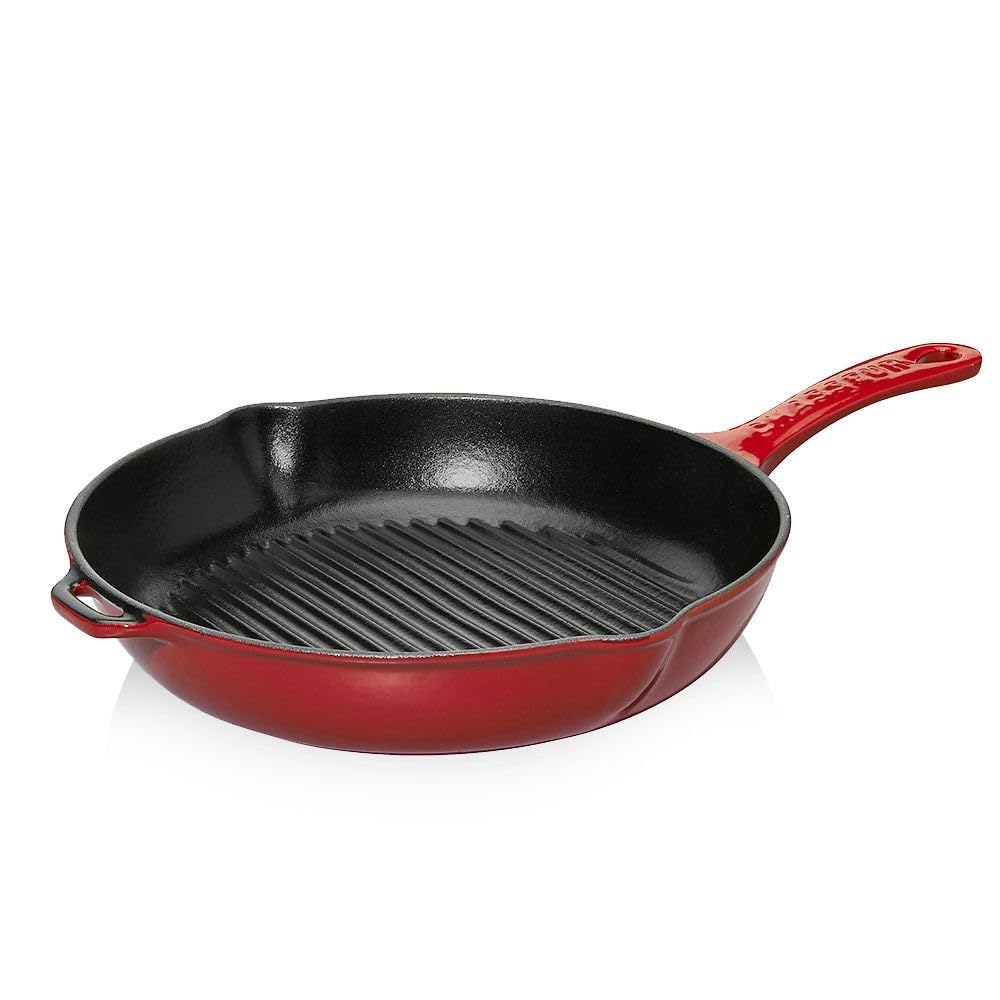Premium Chasseur Red Cast Iron Round Grill Pan - 10.25 Inch | Heavy Duty Skillet for Steaks, Burgers & Vegetables | Perfect for BBQ, Camping & Outdoor Cooking