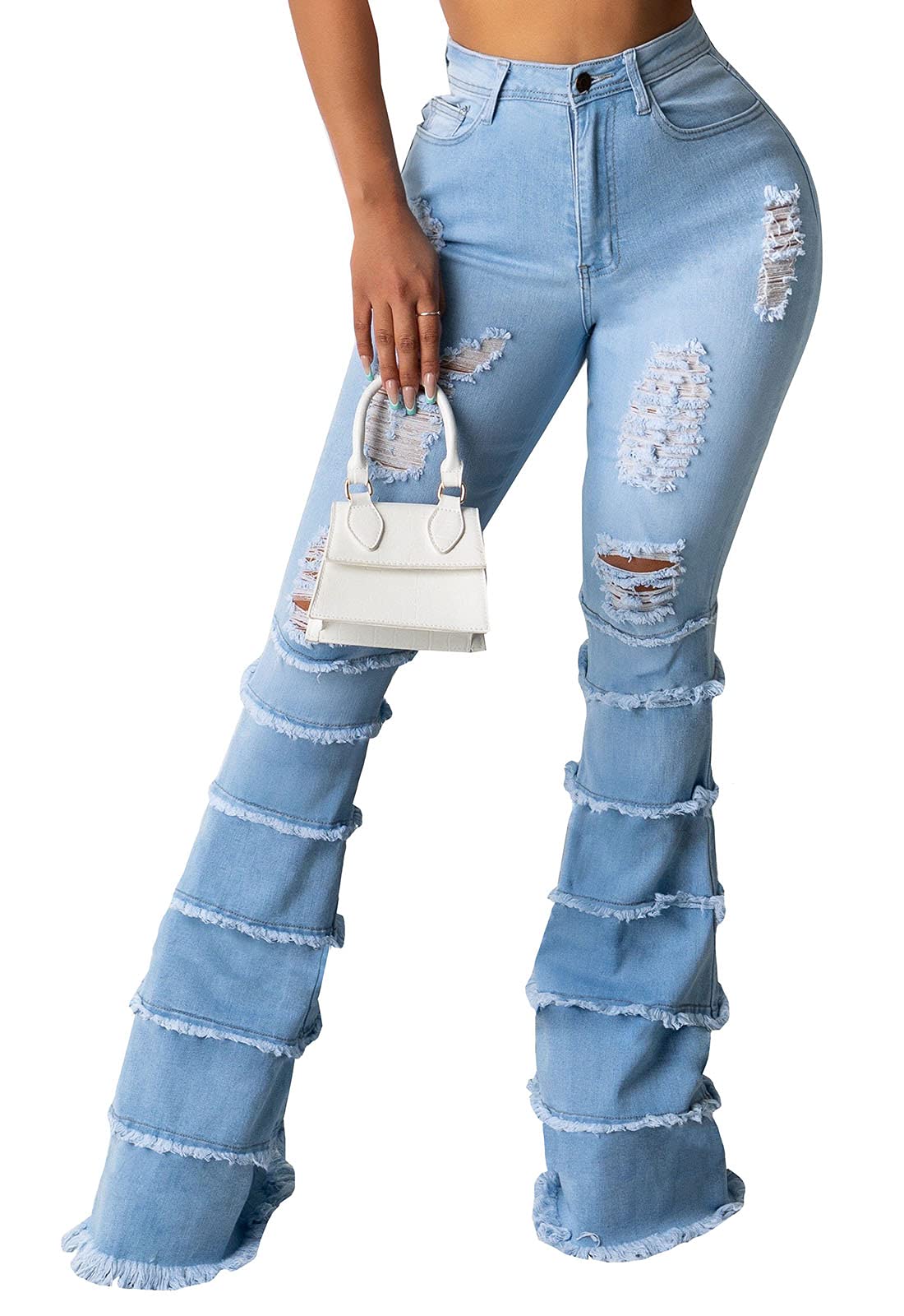 Stylish Women's Flare Bell Bottom Jeans - Ripped Destroyed Denim Pants for Casual & Retro Outfits | Perfect for 70s Vintage Style, Night Out, and Streetwear Fashion