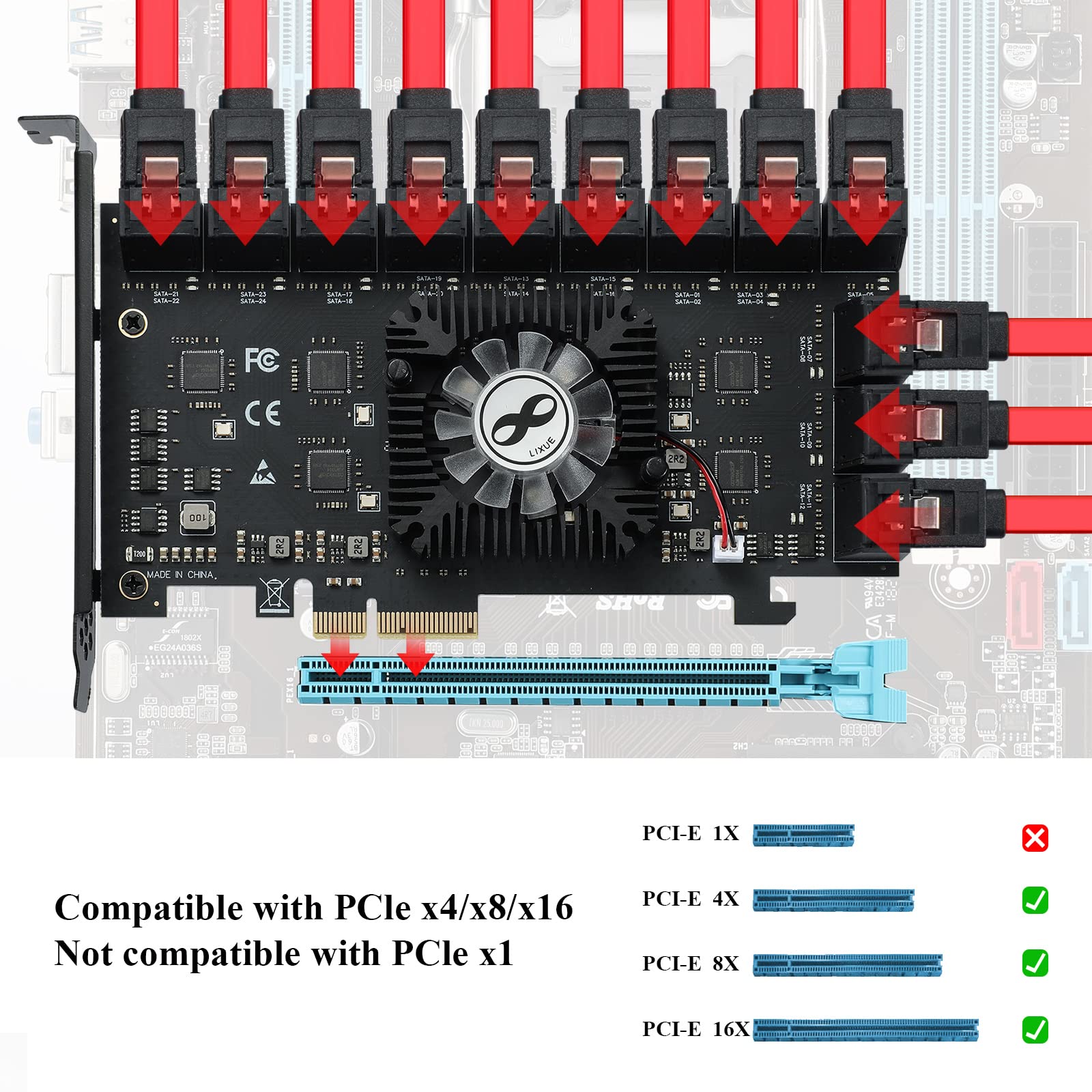 24-Port PCIe SATA 3.0 Expansion Card - 6Gbps SATA Controller with 4X/8X/16X Slots | Includes SATA Cables & Power Splitter (1064+1812 Chip) | Perfect for Data Servers, RAID Arrays & PC Storage Upgrades