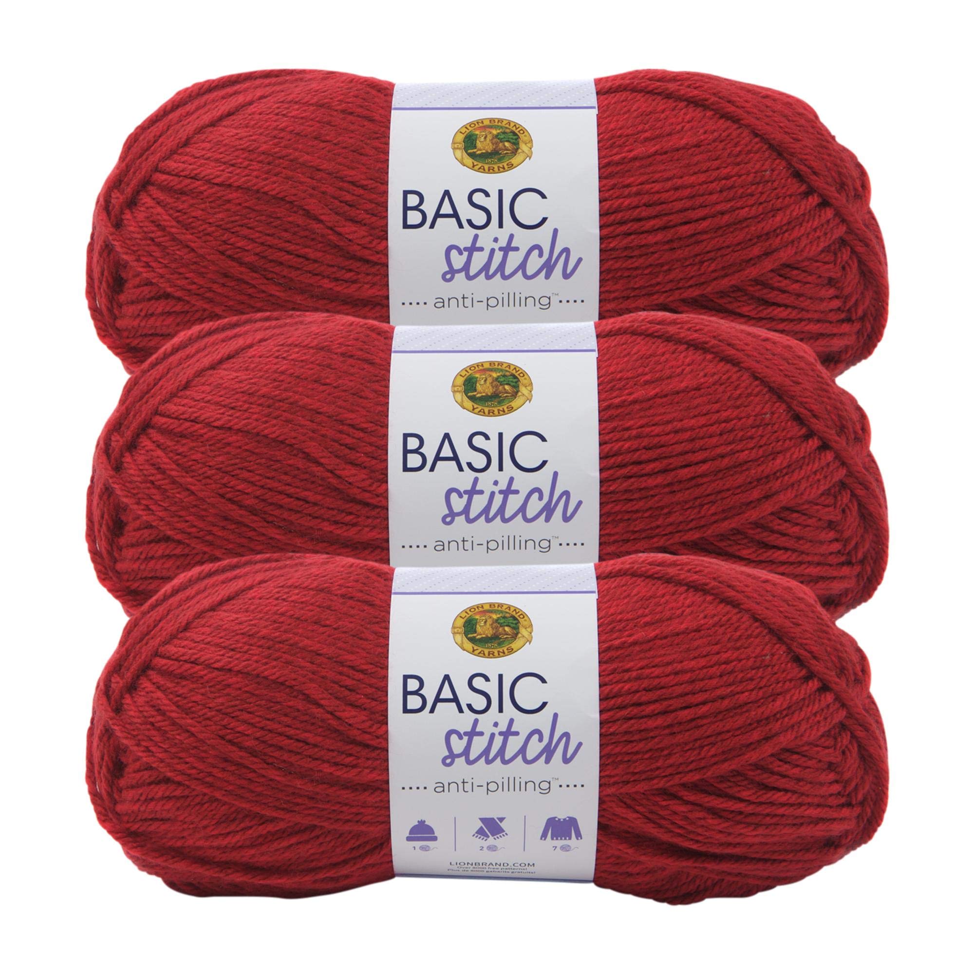 Lion Brand Yarn Basic Stitch Anti-Pilling Knitting & Crochet Yarn - 3-Pack (Red Heather) - Perfect for Scarves, Blankets & DIY Crafts