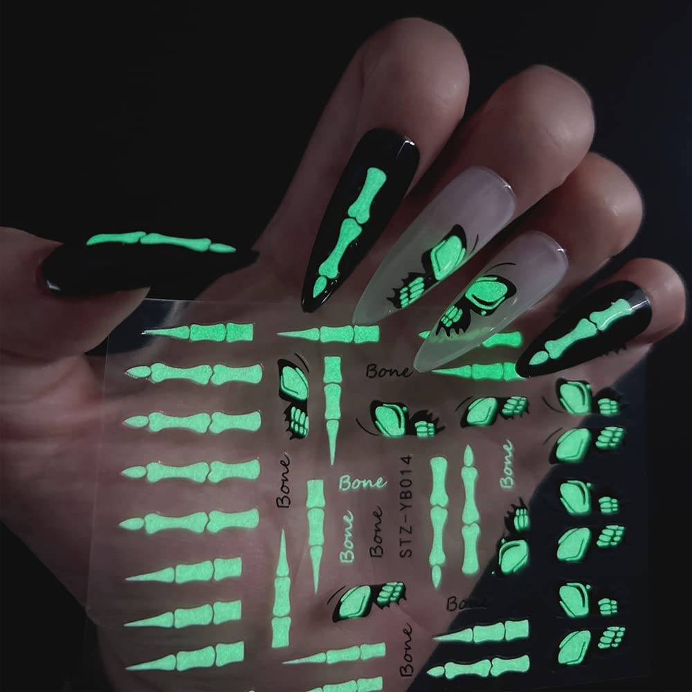 Glow in The Dark Halloween Nail Art Stickers - 3D Self-Adhesive Nail Decals for Halloween Party, Candlelight Events & Costume Makeup (6 Sheets) - Spooky Butterfly & Joint Designs for Nail Decorations