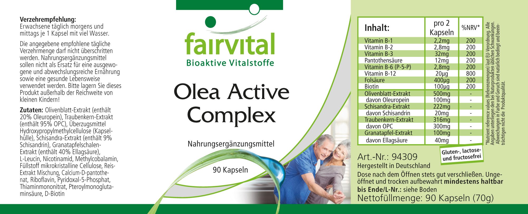 Fairvital Olea Active Complex - Vegan Supplement with B Vitamins, Folic Acid, Olive Leaf, Schisandra, Pomegranate & OPC - 90 Capsules for Energy, Immunity & Antioxidant Support - Perfect for Daily Wellness & Active Lifestyle