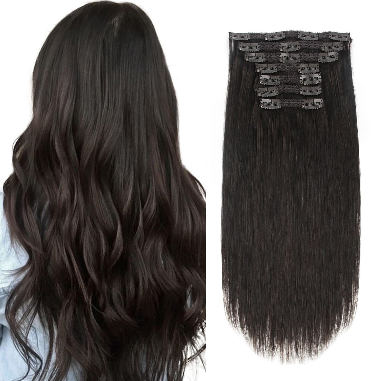 Sixstar Remy Human Hair Clip-In Extensions 18 Inch 7-Piece Set (140g, Color 1B Off Black) - Natural Looking Hair Extensions for Volume & Length - Perfect for Parties, Weddings & Daily Styling