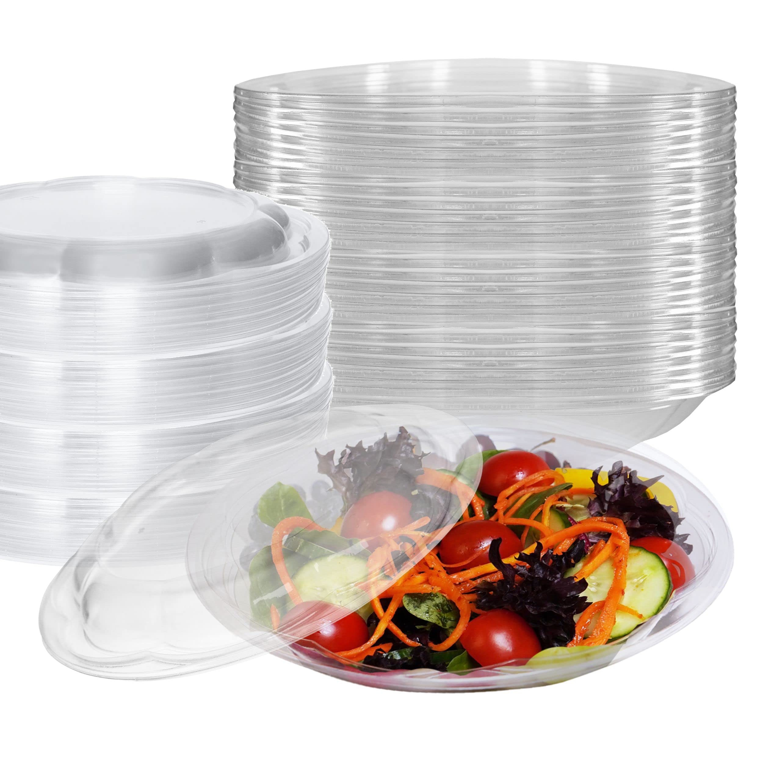 64oz Clear Disposable Salad Bowls with Lids (300 Pack) - Airtight Leak-Proof Plastic Food Containers for Meal Prep, Lunch To-Go, Salads, Fruits, Snacks | Perfect for Picnics, Parties, Catering & Restaurant Takeout (Rose Bowl Design)