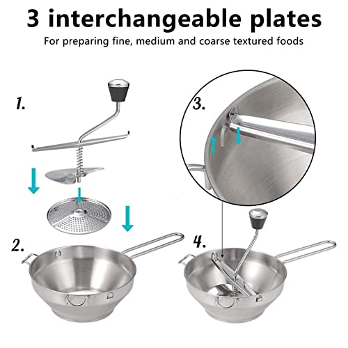 Stainless Steel Manual Food Mill with 3 Interchangeable Grinding Plates - Anti-Slip Handle & Soft Grip for Easy Pureeing - Perfect for Mashed Potatoes, Baby Food, Sauces & More - Ideal for Home Cooking, Meal Prep & Healthy Eating