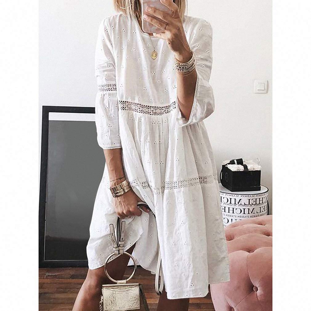 Boho Solid Crew Neck Hollow Out Spliced 3/4 Sleeve Midi Dress for Women - Summer Beach Vacation Plus Size Flowy Dress | Perfect for Casual Outings, Beach Getaways & Boho Fashion Lovers