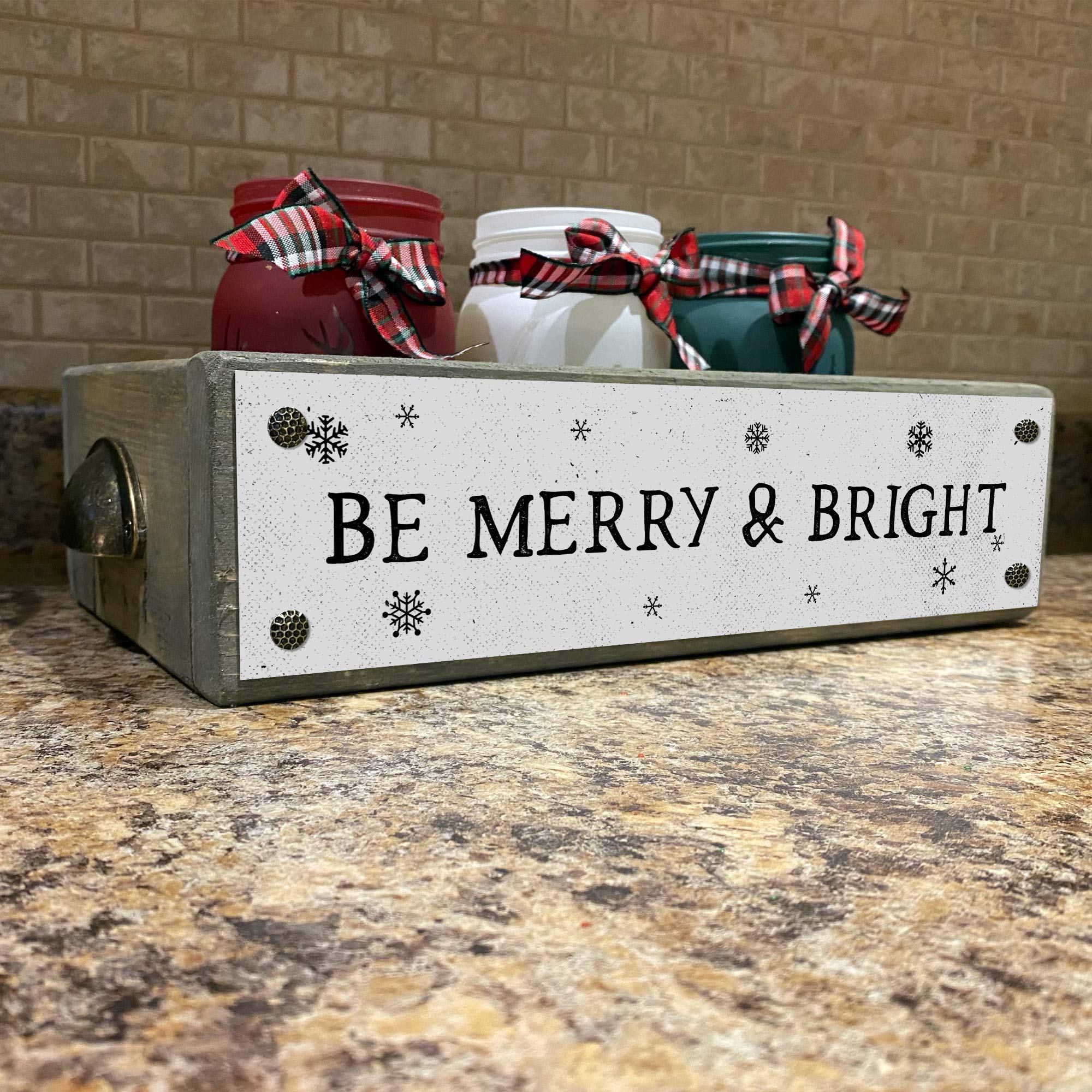 ANVEVO Be Merry And Bright Christmas Wooden Decor Box - Rustic Farmhouse Storage Caddy with Funny Sayings - Holiday Home Décor for Living Room, Mantel & Gift Giving