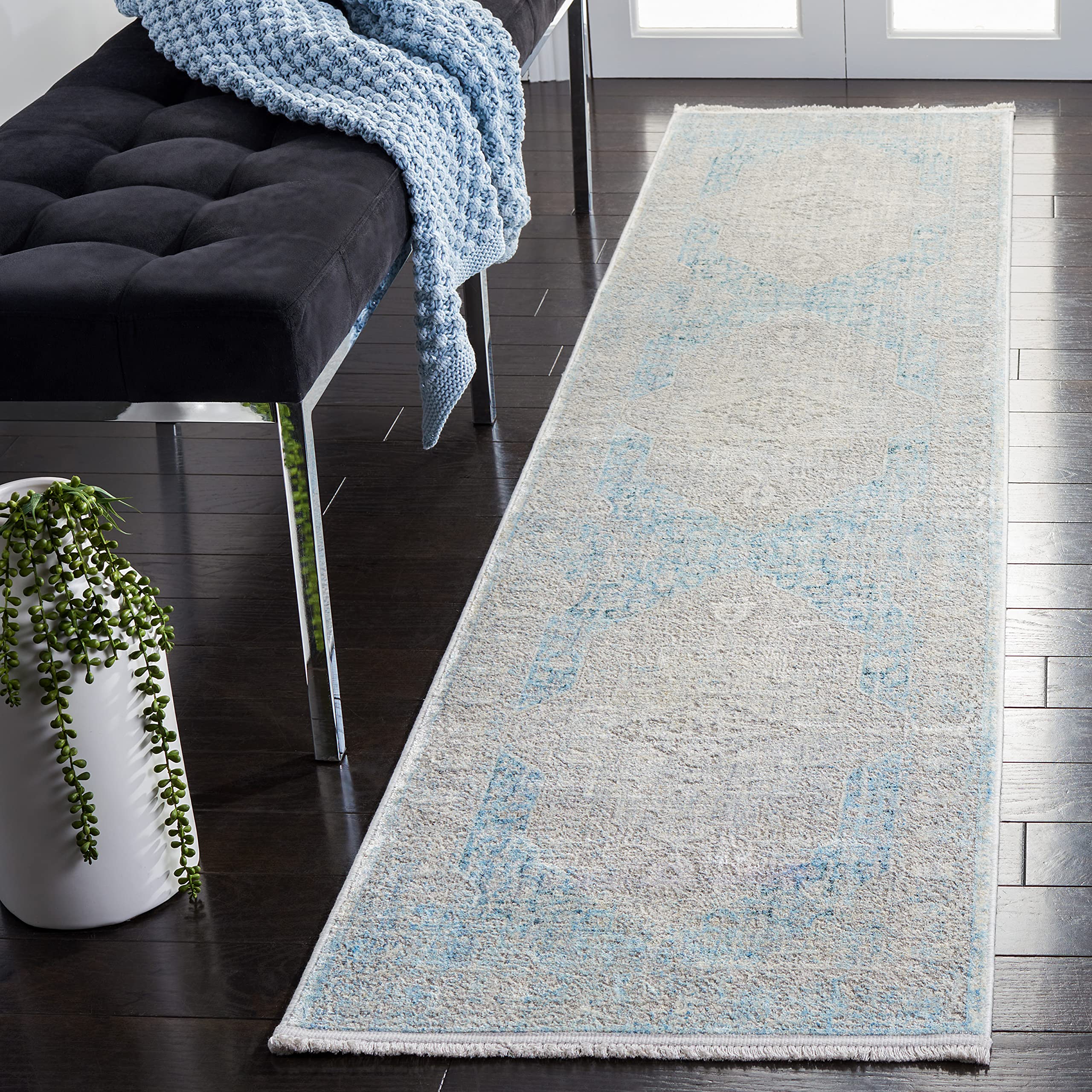 SAFAVIEH Dream Collection 2' x 8' Vintage Oriental Distressed Runner Rug - Premium Viscose in Grey & Aqua - Perfect for Hallways, Entryways & Narrow Spaces