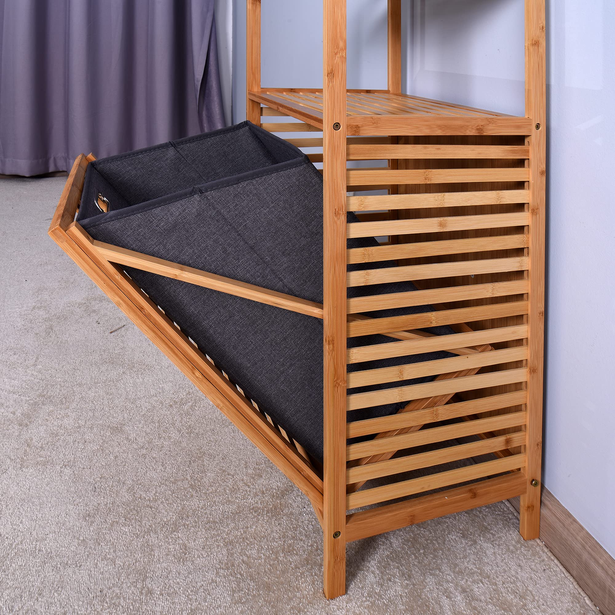 Amposei Bamboo Tilt-Out Laundry Hamper - Free Standing Ventilated Dirty Clothes Organizer with 2-Tier Storage Shelf & Removable Fabric Bin - Perfect for Bathroom, Bedroom, Living Room & Laundry Room Organization
