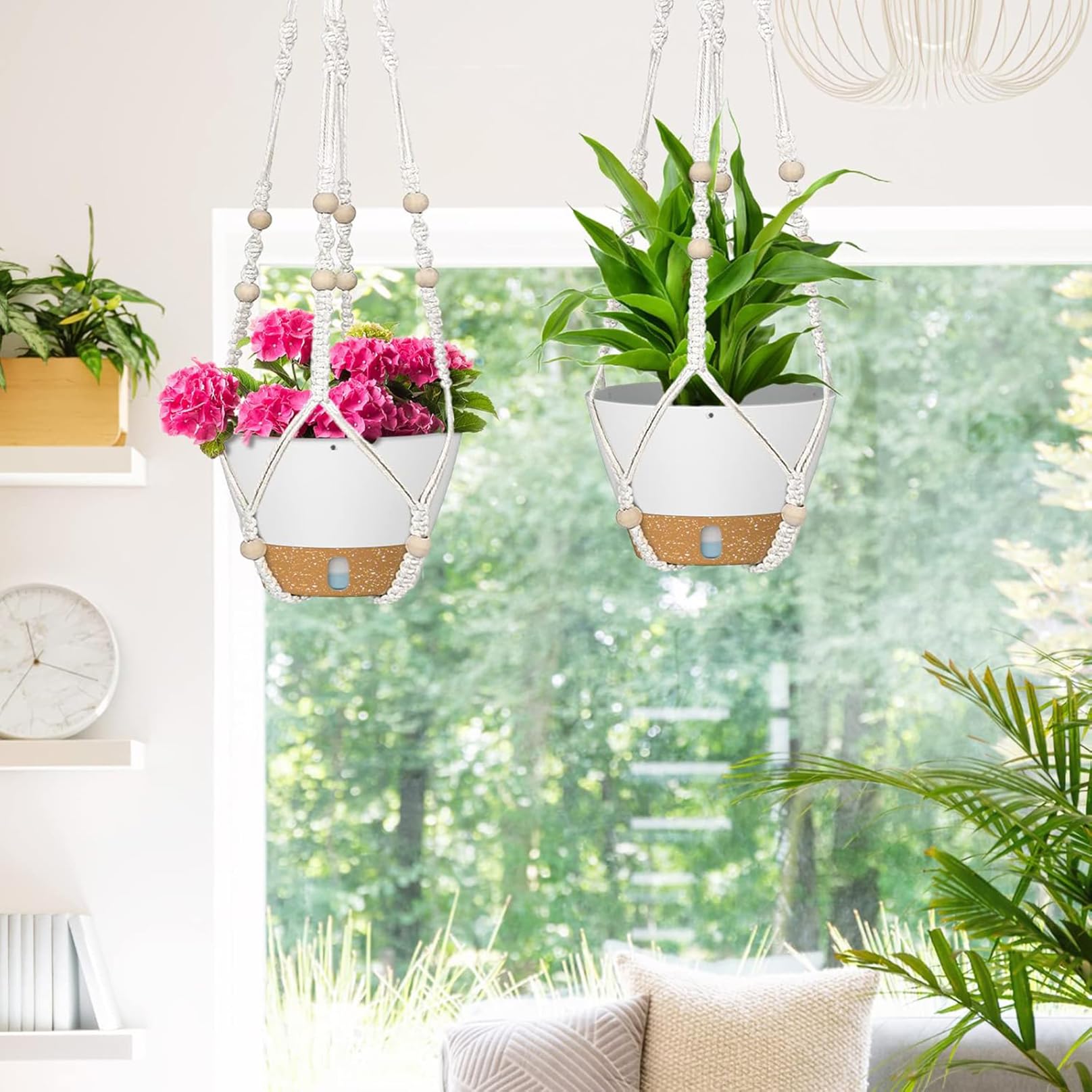 Macrame Plant Hanger 3 Pack - 35 Inch Handmade Cotton Rope Wall Hanging Planter with Beaded & Non-Tassel Design for Indoor & Outdoor Plants - Perfect for Herbs, Ferns, Ivy & Crawling Plants - Includes 3 Hooks for Stylish Home Decor, Boho Room & Garden Display