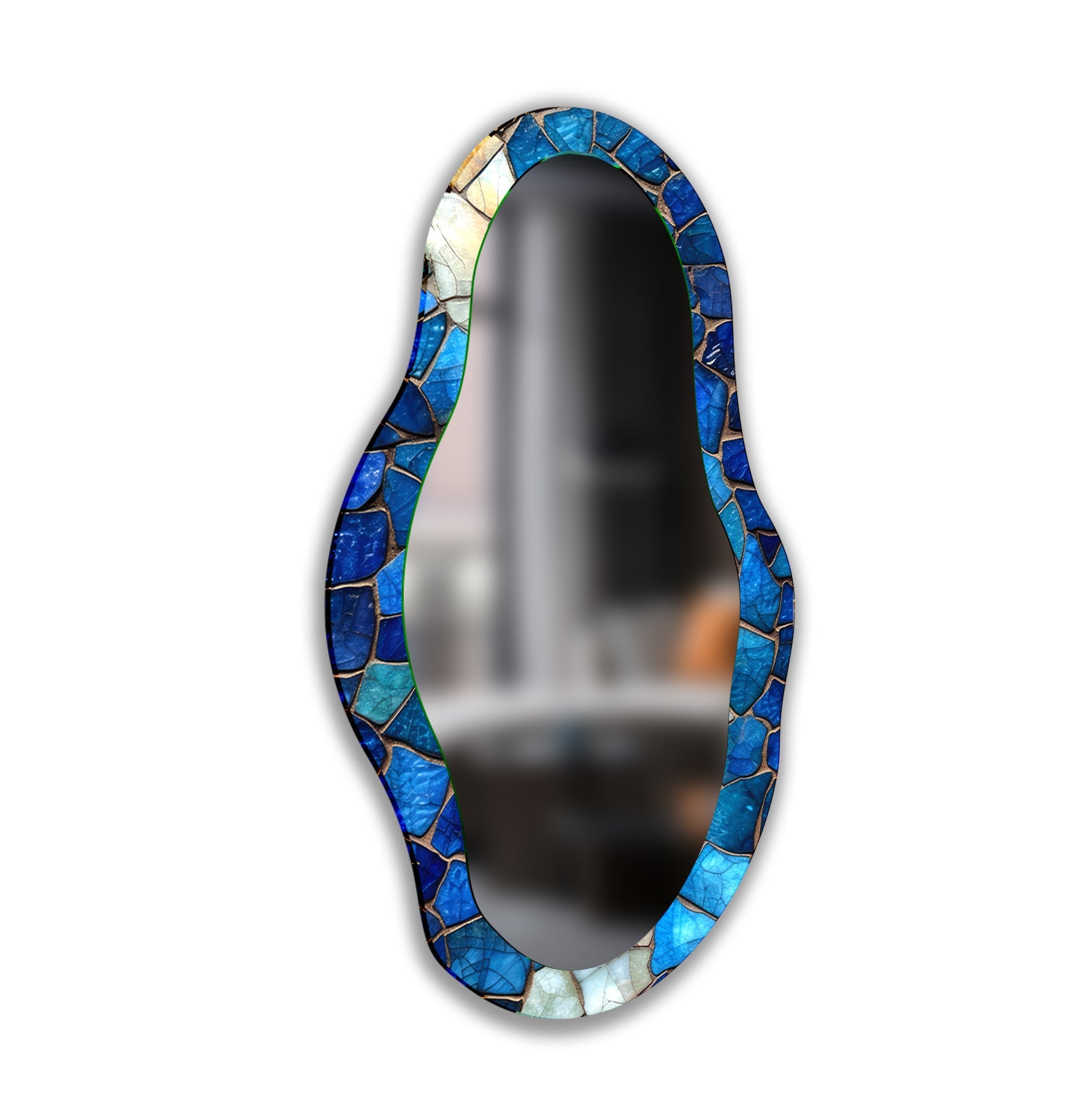 Blue Mosaic Asymmetrical Wall Mirror - Handcrafted Boho Decor for Living Room, Bedroom & Entryway - Unique Decorative Mirror for Home & Office