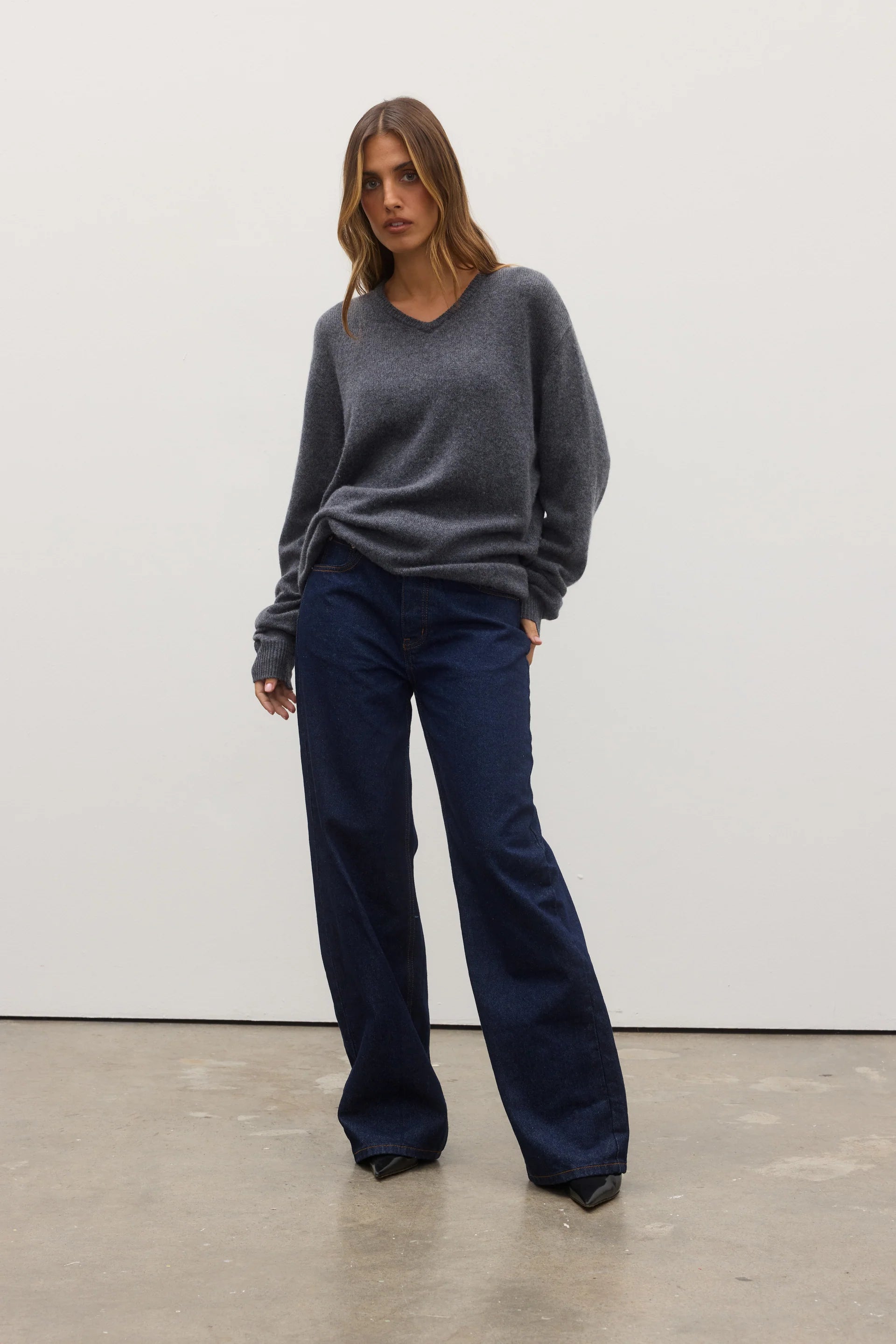 BILLIE V Neck Sweater for Women - Soft Knit Pullover, Dark Heather Grey - Perfect for Casual Outfits & Layering in Fall & Winter