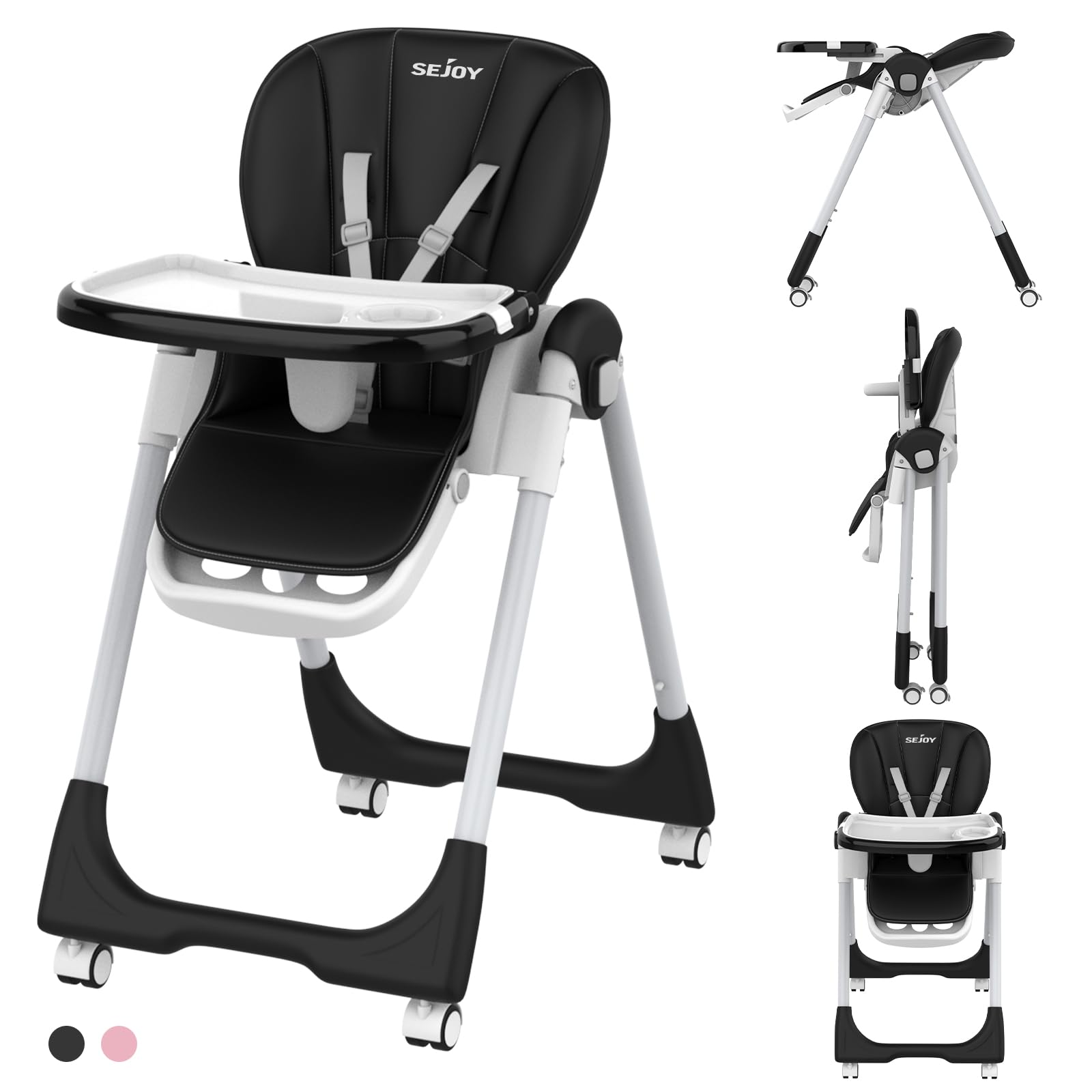 Premium Baby High Chair with 4 Wheels for Infants & Toddlers (6 Months-6 Years) | 110 LBS Weight Capacity | Adjustable Seat Height, Backrest & Footrest | Removable Dishwasher-Safe Meal Tray | Safe Feeding Solution for Home & Restaurant Use (Black)