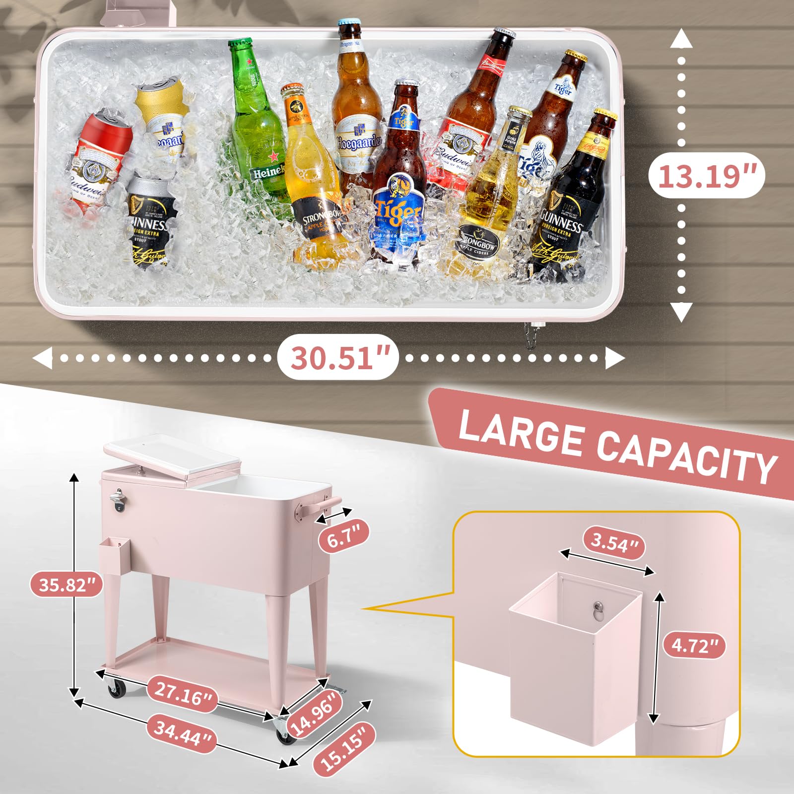 Outvita 80 Quart Rolling Ice Chest Cooler - Portable Wheeled Drink Cooler with Catch Basin, Bottom Storage Tray & Bottle Opener - Perfect for Outdoor Parties, BBQ, Beach Trips & Camping Adventures