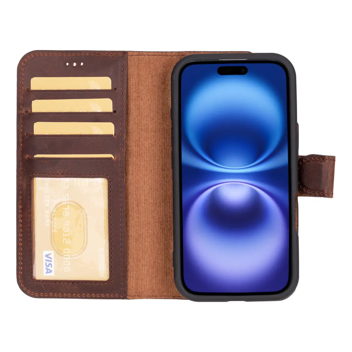 Vintage Brown Distressed Leather Wallet Case for iPhone 16 (6.1-inch) - Slim Protective Phone Cover with Card Slots | Perfect for Everyday Use, Travel & Business