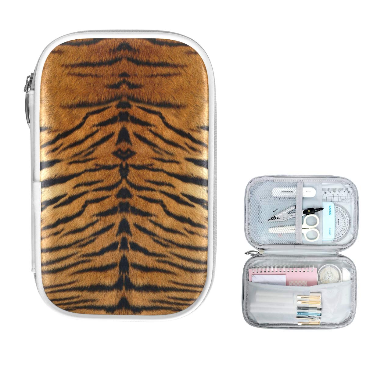 Vintage Tiger Print Pencil Case - Zippered School & Office Organizer for Pens, Stationery, Makeup & Cosmetics | Perfect for Students, Artists & Professionals (Pouch, Purse Style)