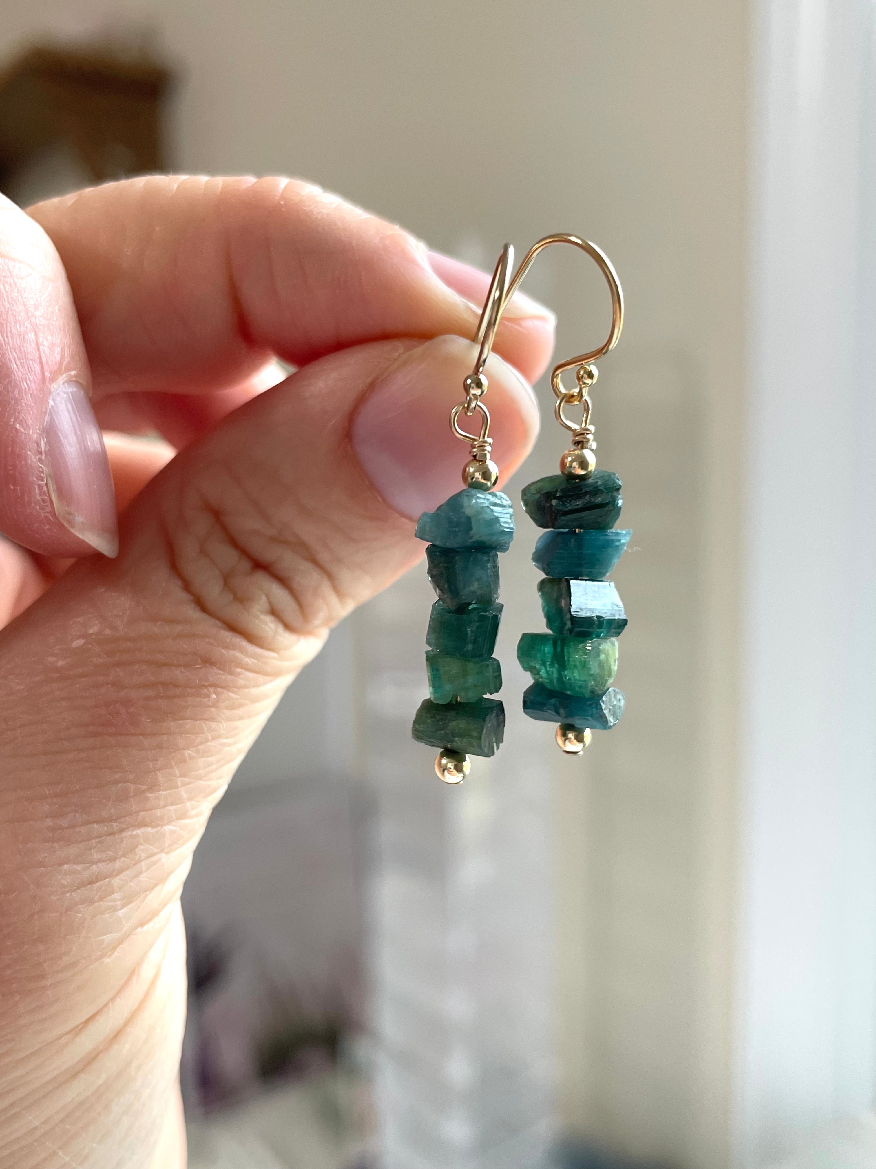 Natural Green Tourmaline Dangle Earrings - Raw Crystal Drop Earrings in 14K Gold for Women | Boho Chic Jewelry Gift for Birthday, Wedding & Everyday Wear