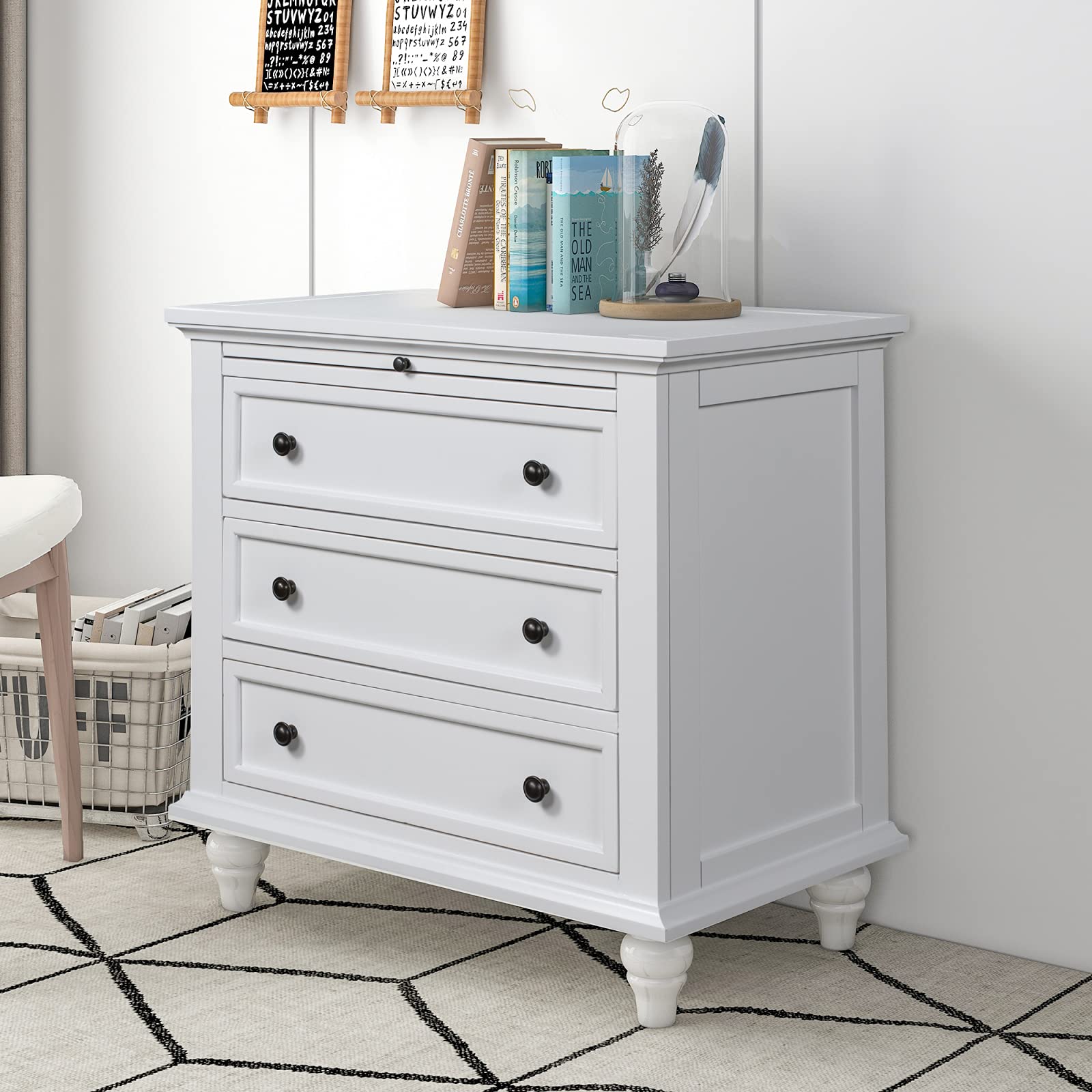 3 Drawer Nightstand with Pull-Out Tray - White Wood Bedside Table with 3 Drawers - Fully Assembled Dresser for Bedroom & Living Room - Perfect as End Table, Nightstand or Storage Solution