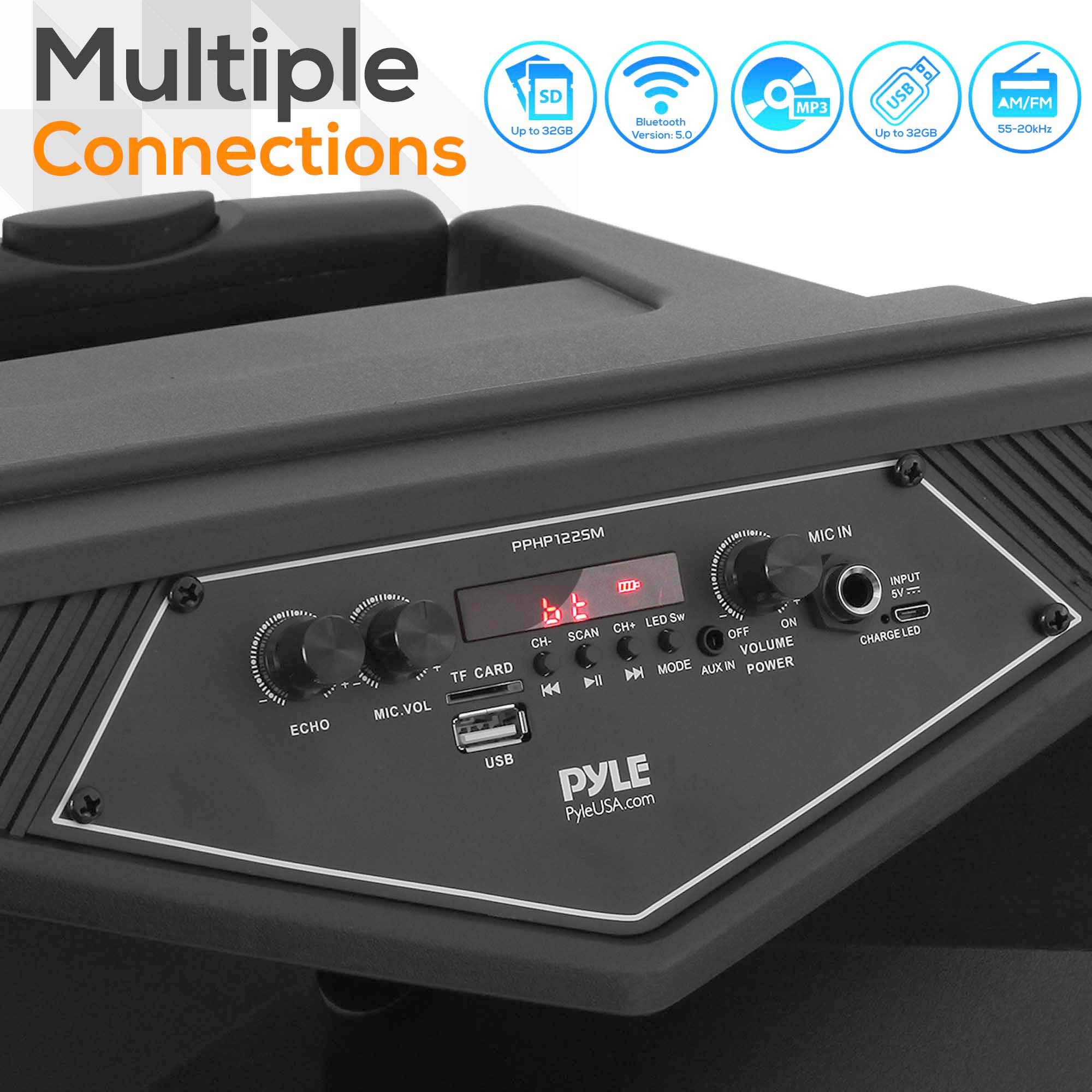 Pyle Portable Bluetooth PA Speaker System - 800W High Power Outdoor Bluetooth Speaker with Microphone Input, Party Lights, MP3/USB/SD Card Reader, FM Radio & Wheels - Perfect for Outdoor Parties, Events & DJ Performances (Model: PPHP122SM.5)