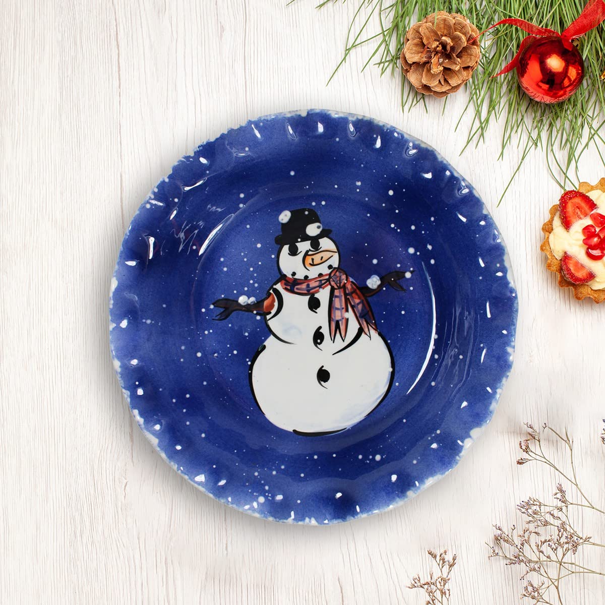 Debra Kelly Blue Ceramic Snowman Pie Plate - 9 Inch Round Baking Dish for Holiday Desserts, Christmas Dinner & Winter Party Serving - Renovator's Supply