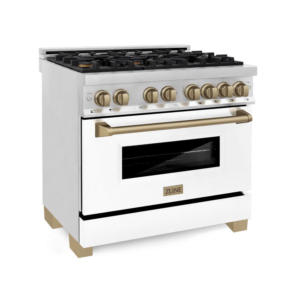 ZLINE Autograph Edition 36-inch Stainless Steel Dual Fuel Range with White Matte Door & Champagne Bronze Range Hood - Professional Kitchen Package for Home Chefs | Perfect for Gourmet Cooking & Entertaining