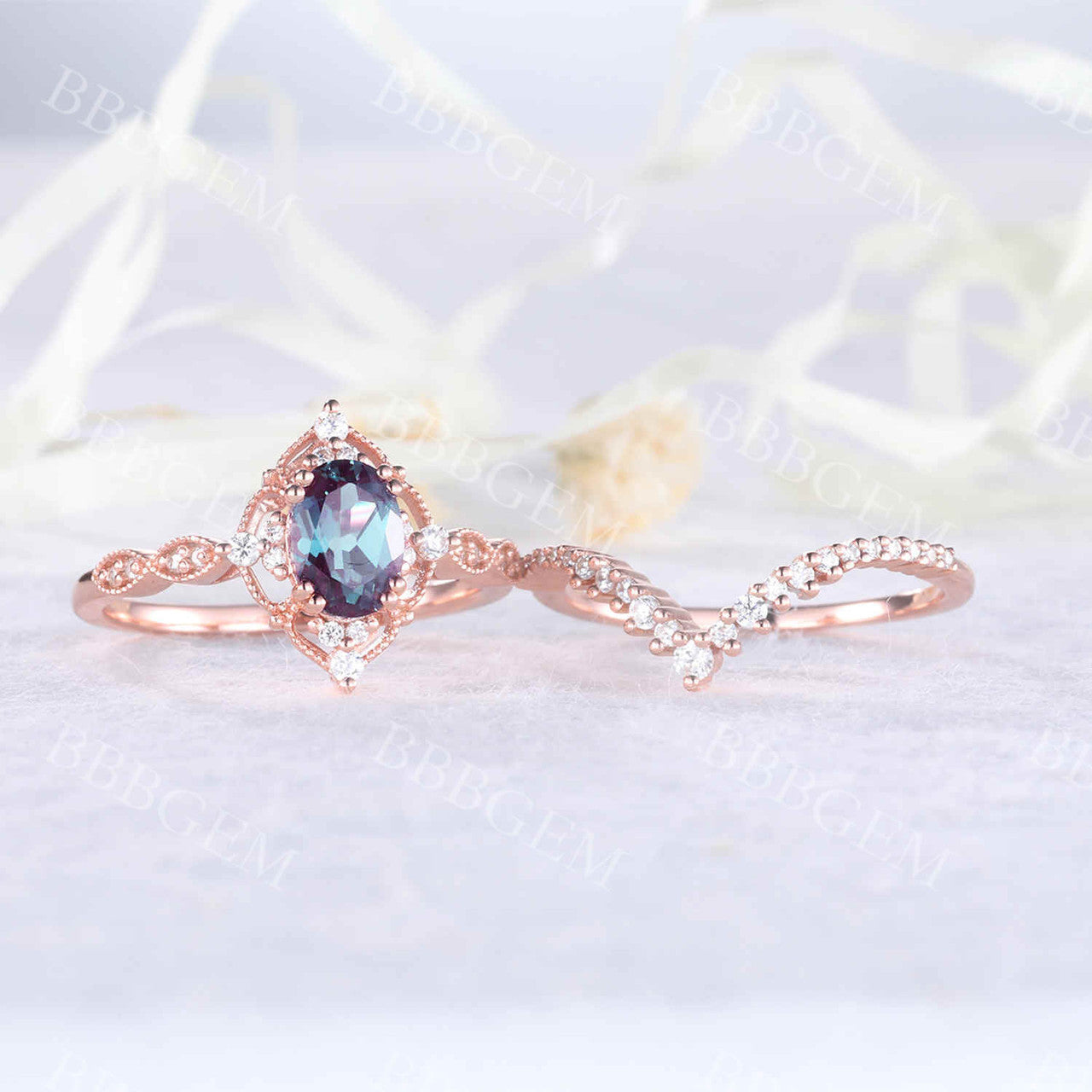 Rose Gold Alexandrite Bridal Ring Set with Oval Cut 6x8mm Diamond & V-Shape Matching Band - Milgrain Filigree Engagement Ring for Women | Perfect for Proposals, Weddings & Anniversary Gifts