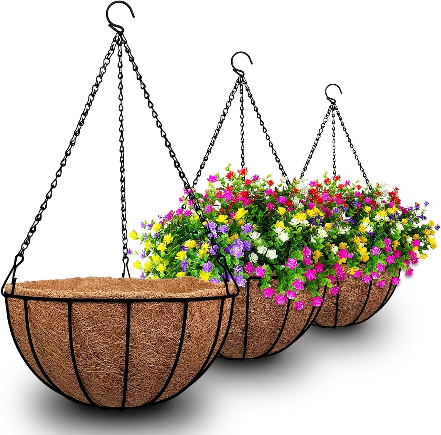 3 Pack 12 Inch Metal Hanging Plant Baskets with Coconut Fiber Liners - Rustproof Outdoor Flower Pots for Patio, Garden & Balcony Decor - No Assembly Required (Watermelon Red, 12 Inch) - Perfect for Hanging Flowers, Herbs & Small Plants in Outdoor Spaces