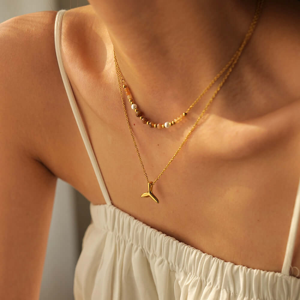 18K Gold Whale Tail Glass Bead Layered Necklace for Women - Elegant Layered Pendant Jewelry Gift for Birthday, Anniversary & Valentine's Day | JDN2306