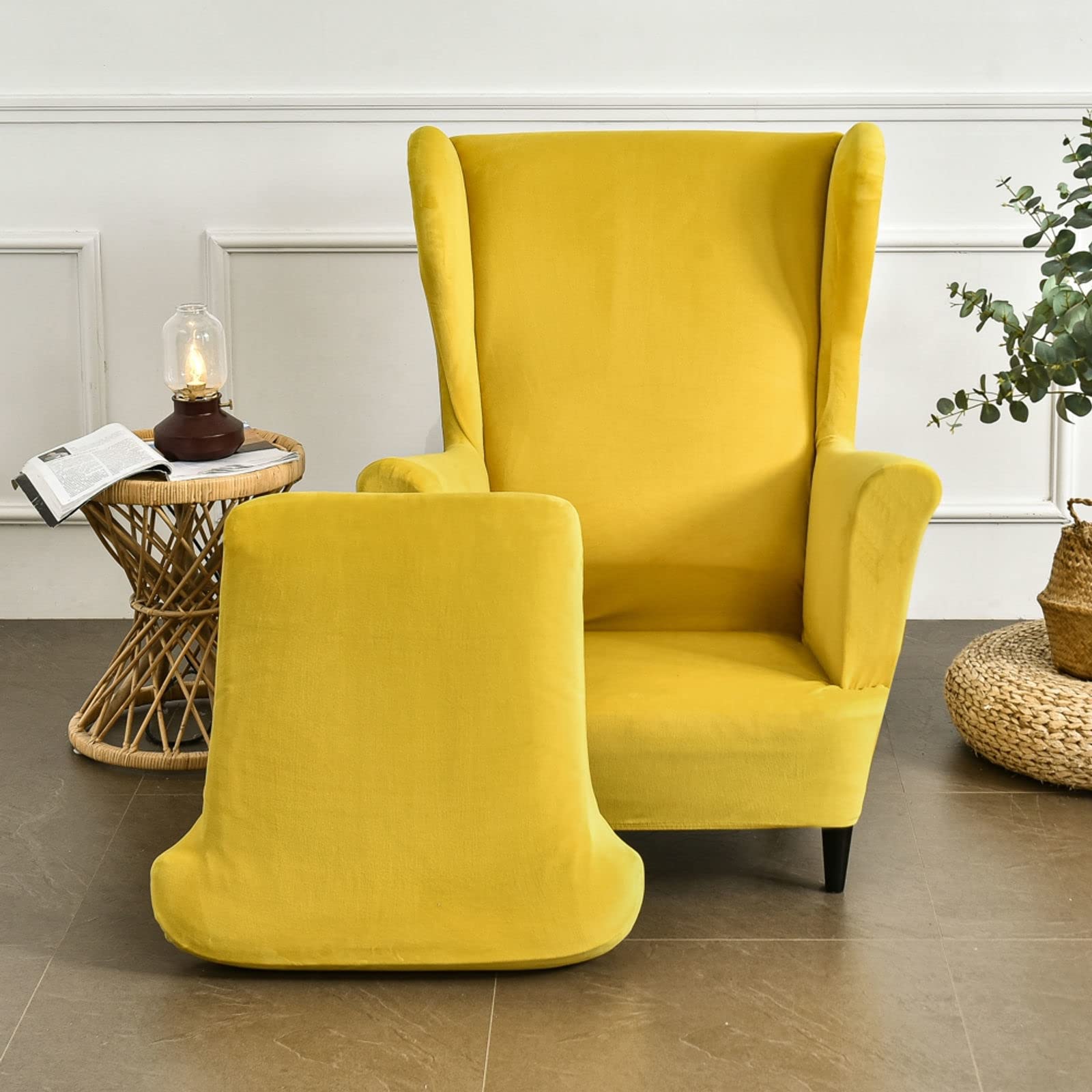 2-Piece Velvet Wingback Chair Slipcover - Stretch Elastic Armchair Cover, Soft Machine Washable Sofa Protector for Living Room, Bedroom, Office (Yellow) | Wing Chair Covers for Home Decor & Furniture Protection
