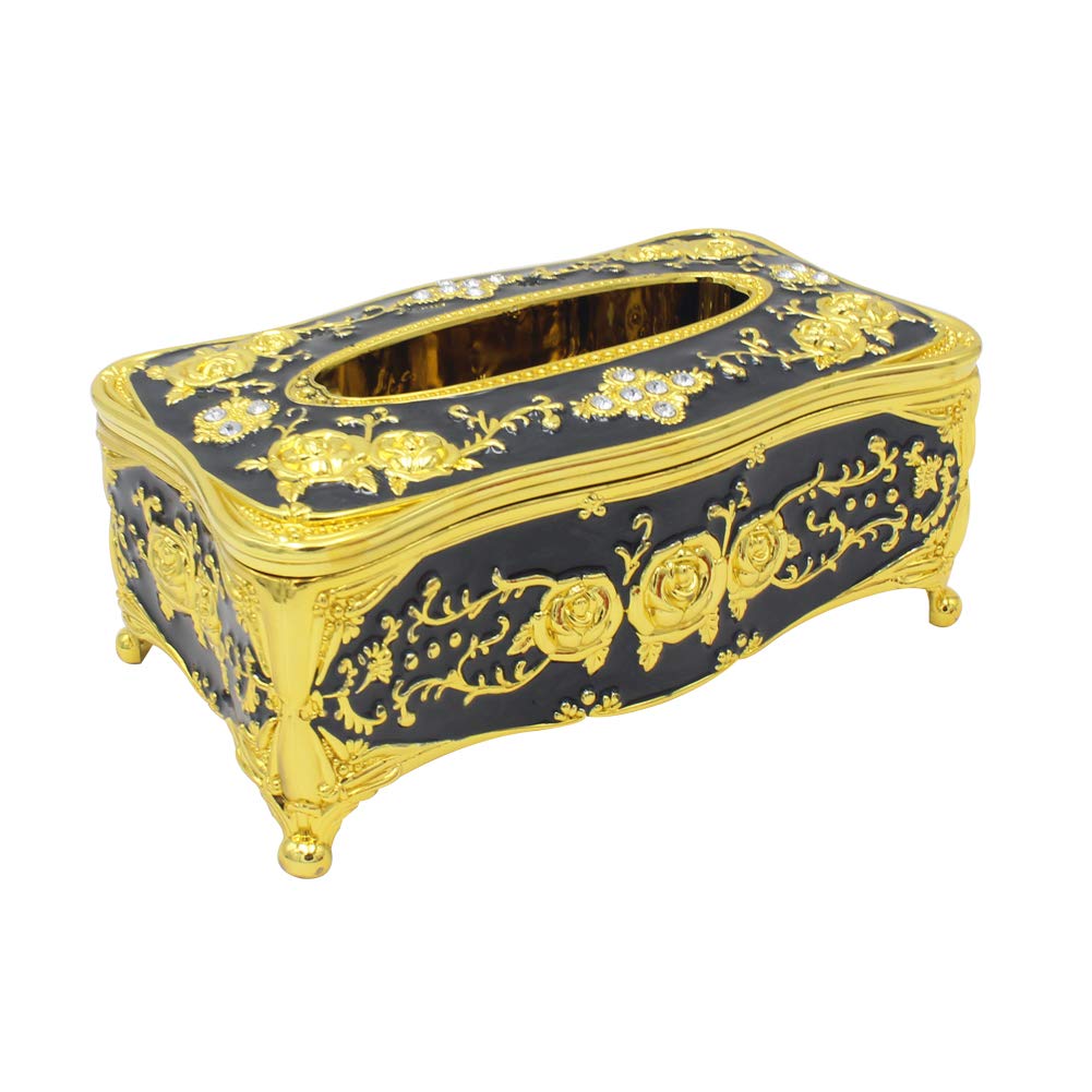 Gold & Black Rectangular Tissue Box Cover - Car, Kitchen, Table, Bedroom, Bar Napkin Holder - Decorative Home & Office Organizer for Tissues & Napkins