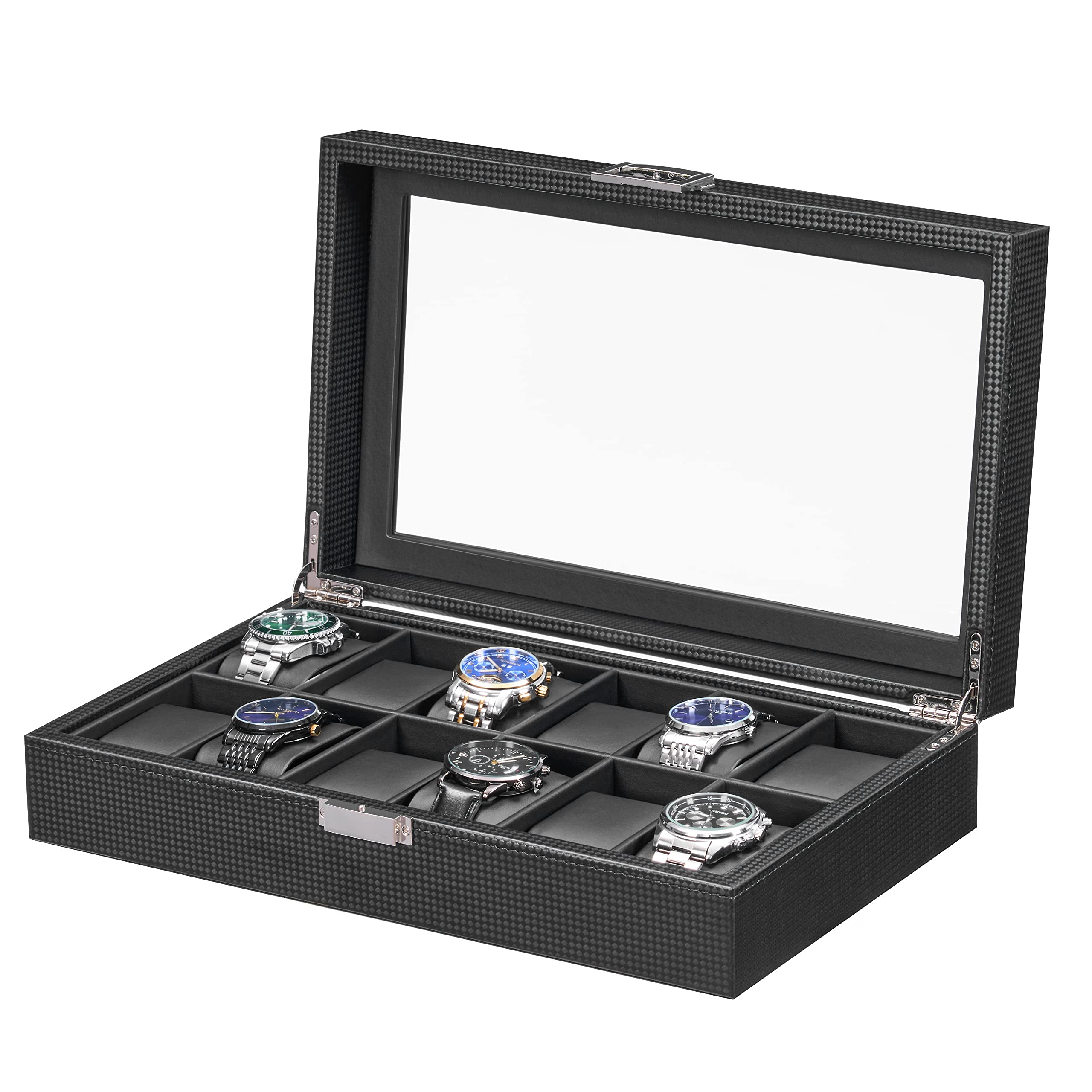 Luxury Watch Box for Men - 12 Watch Organizer with Glass Window & Carbon Fiber Design | Perfect for Display & Storage